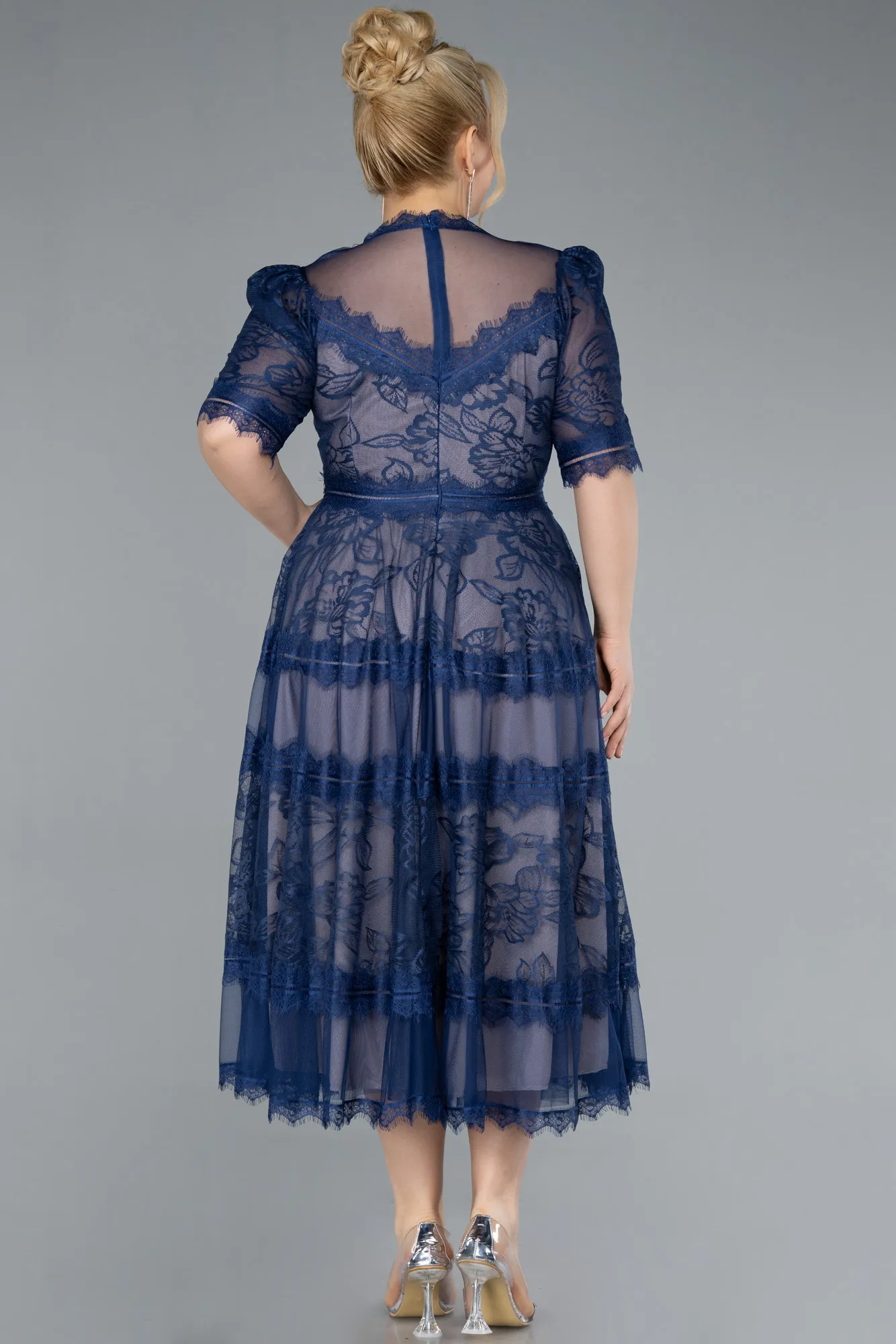 Navy Blue-Midi Dantelle Plus Size Evening Dress ABK1396