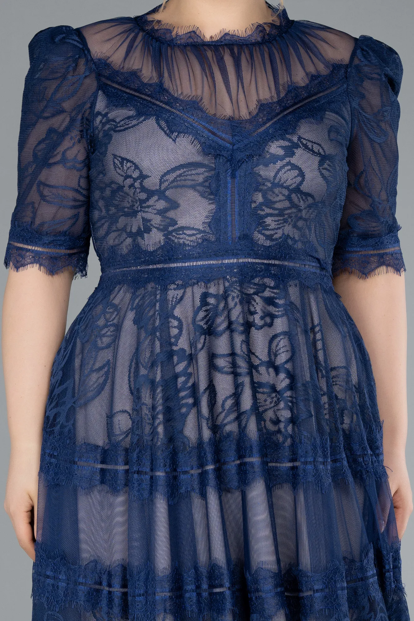Navy Blue-Midi Dantelle Plus Size Evening Dress ABK1396