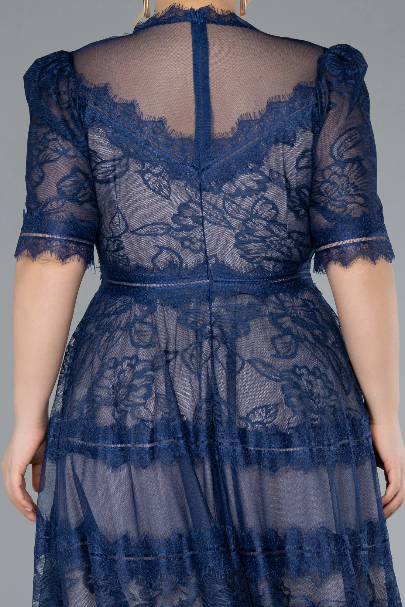 Navy Blue-Midi Dantelle Plus Size Evening Dress ABK1396