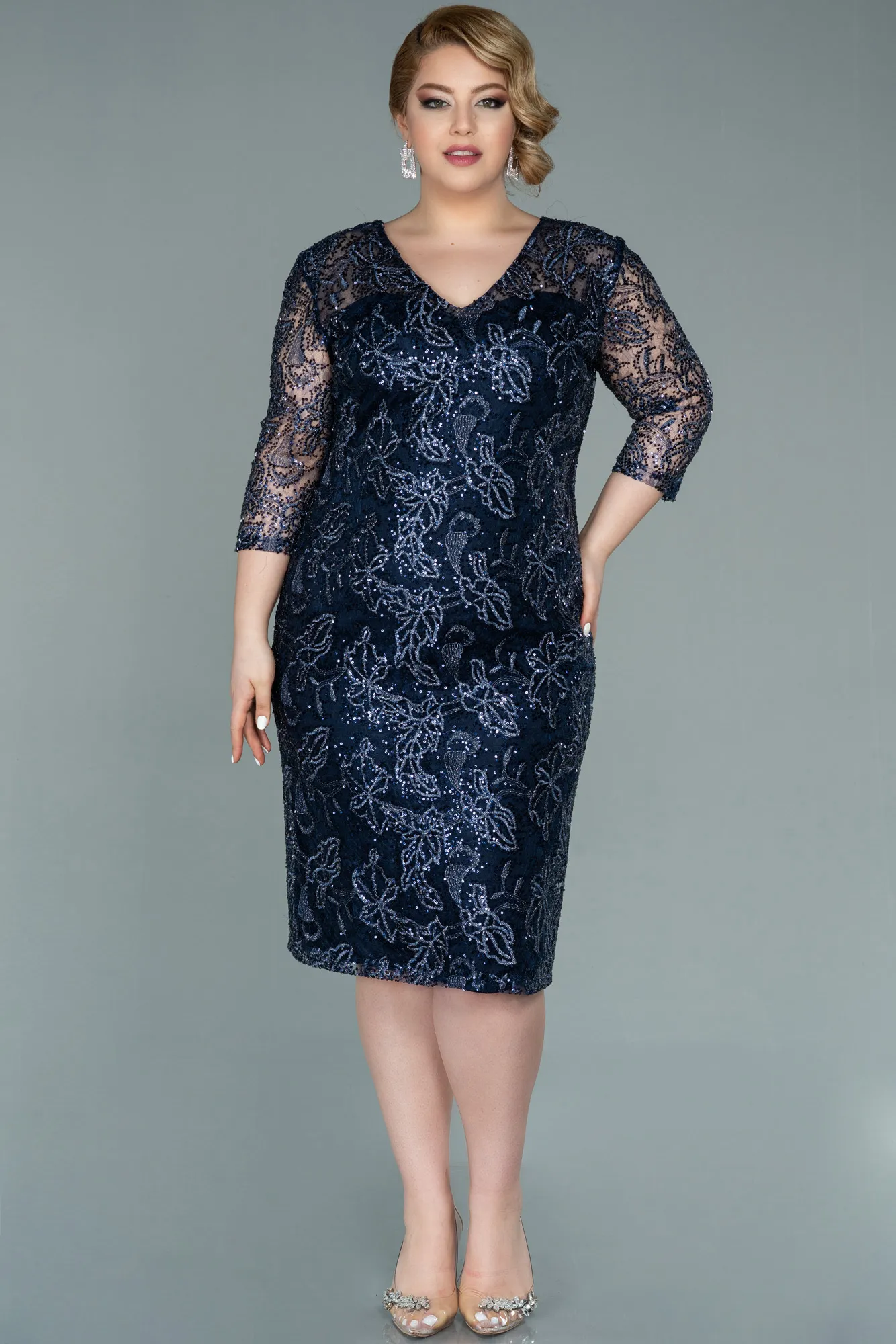 Navy Blue-Midi Laced Oversized Evening Dress ABK1330