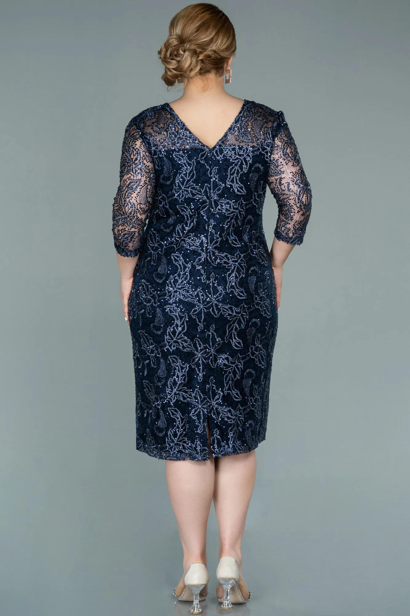Navy Blue-Midi Laced Oversized Evening Dress ABK1330