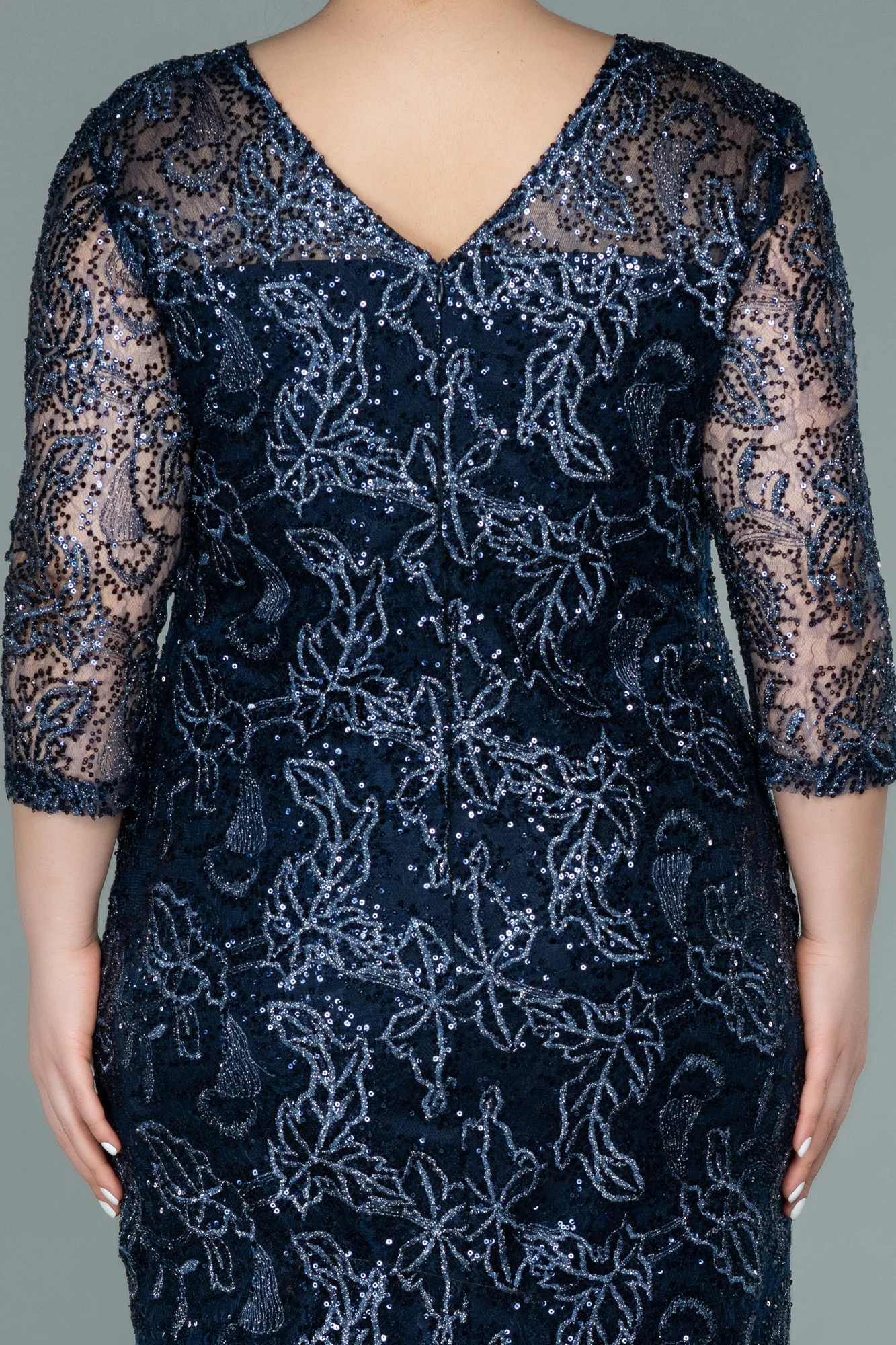 Navy Blue-Midi Laced Oversized Evening Dress ABK1330