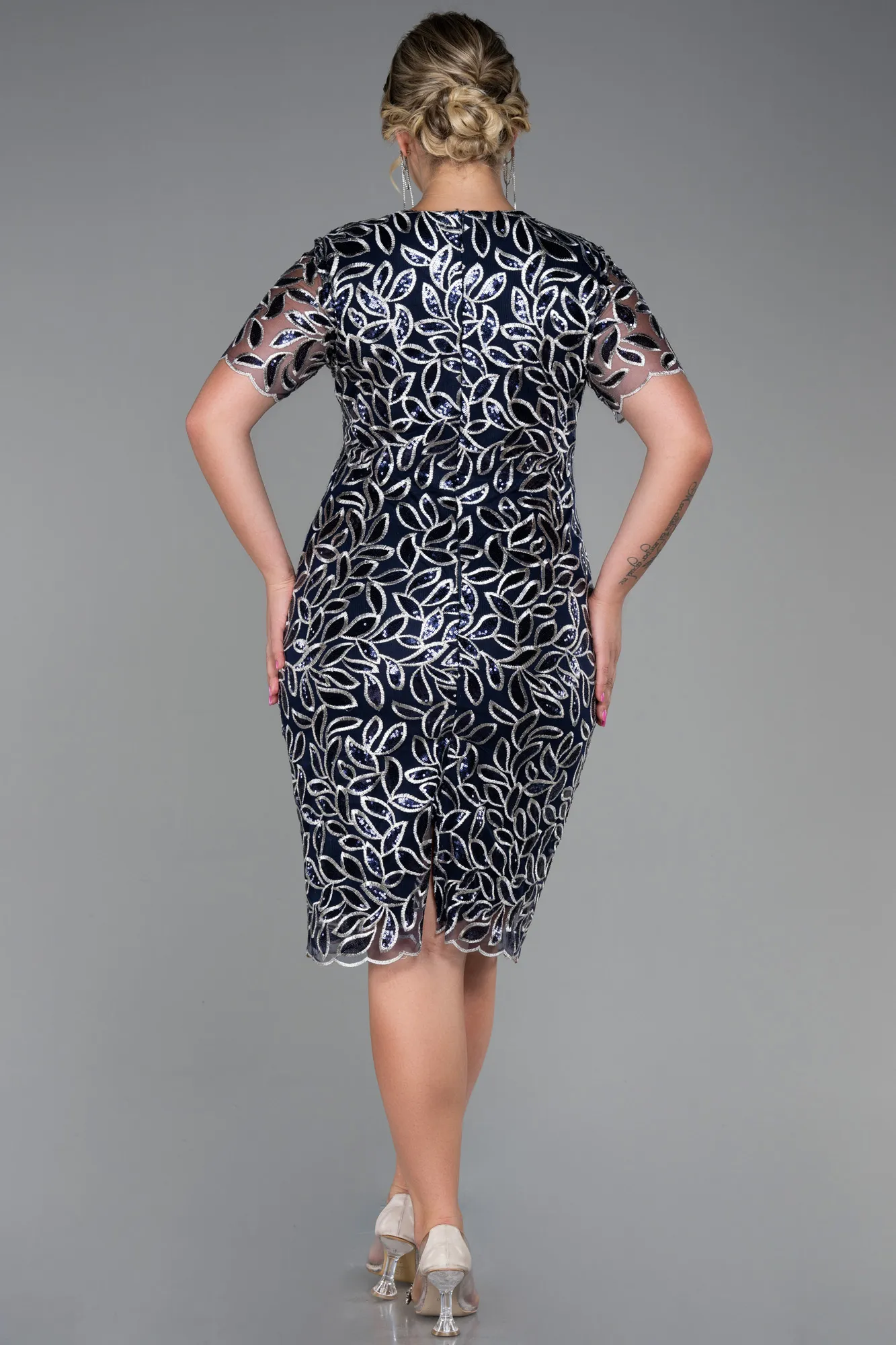 Navy Blue-Midi Laced Plus Size Evening Dress ABK1814