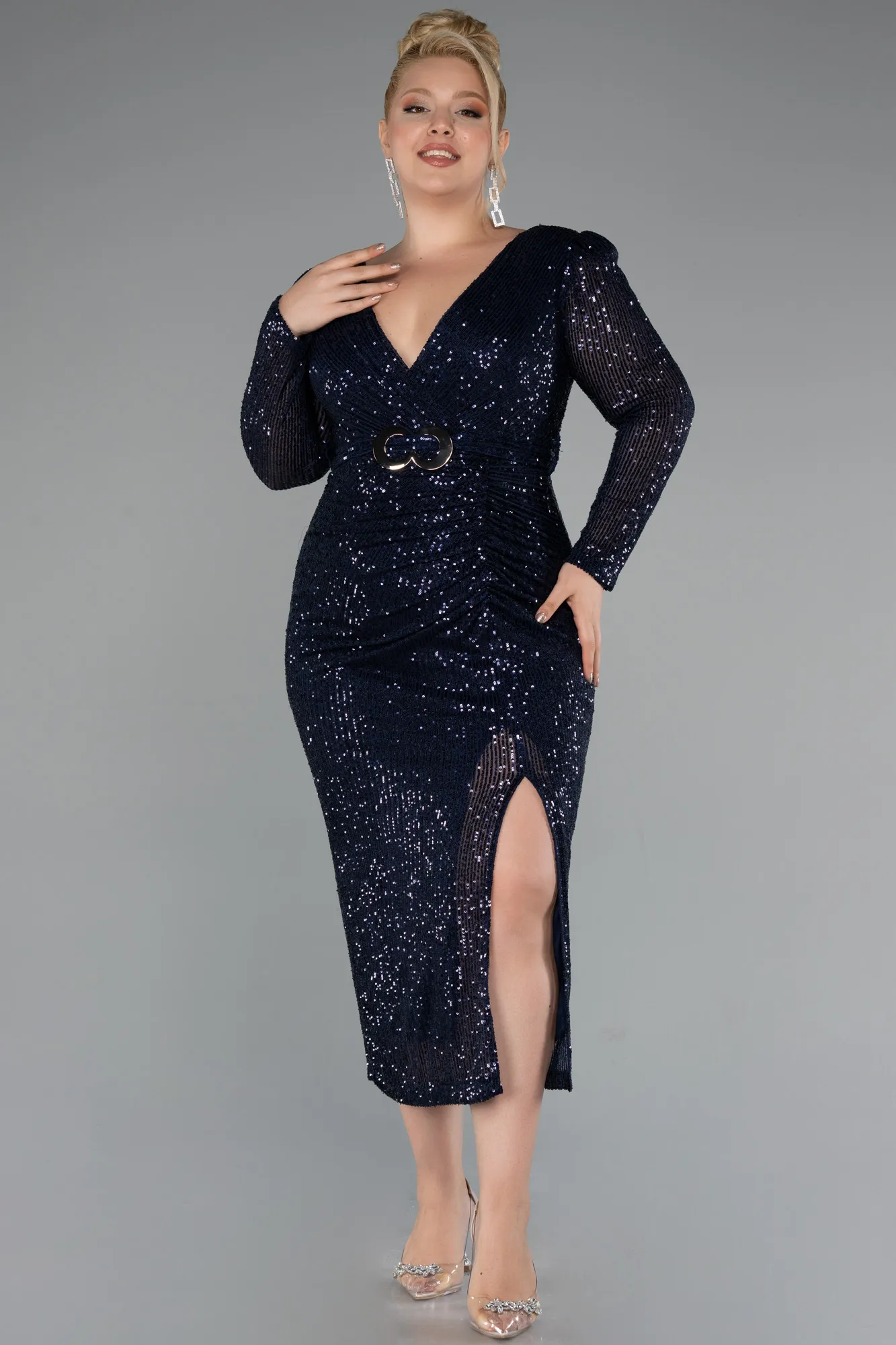 Navy Blue-Midi Plus Size Cocktail Dress ABK1956