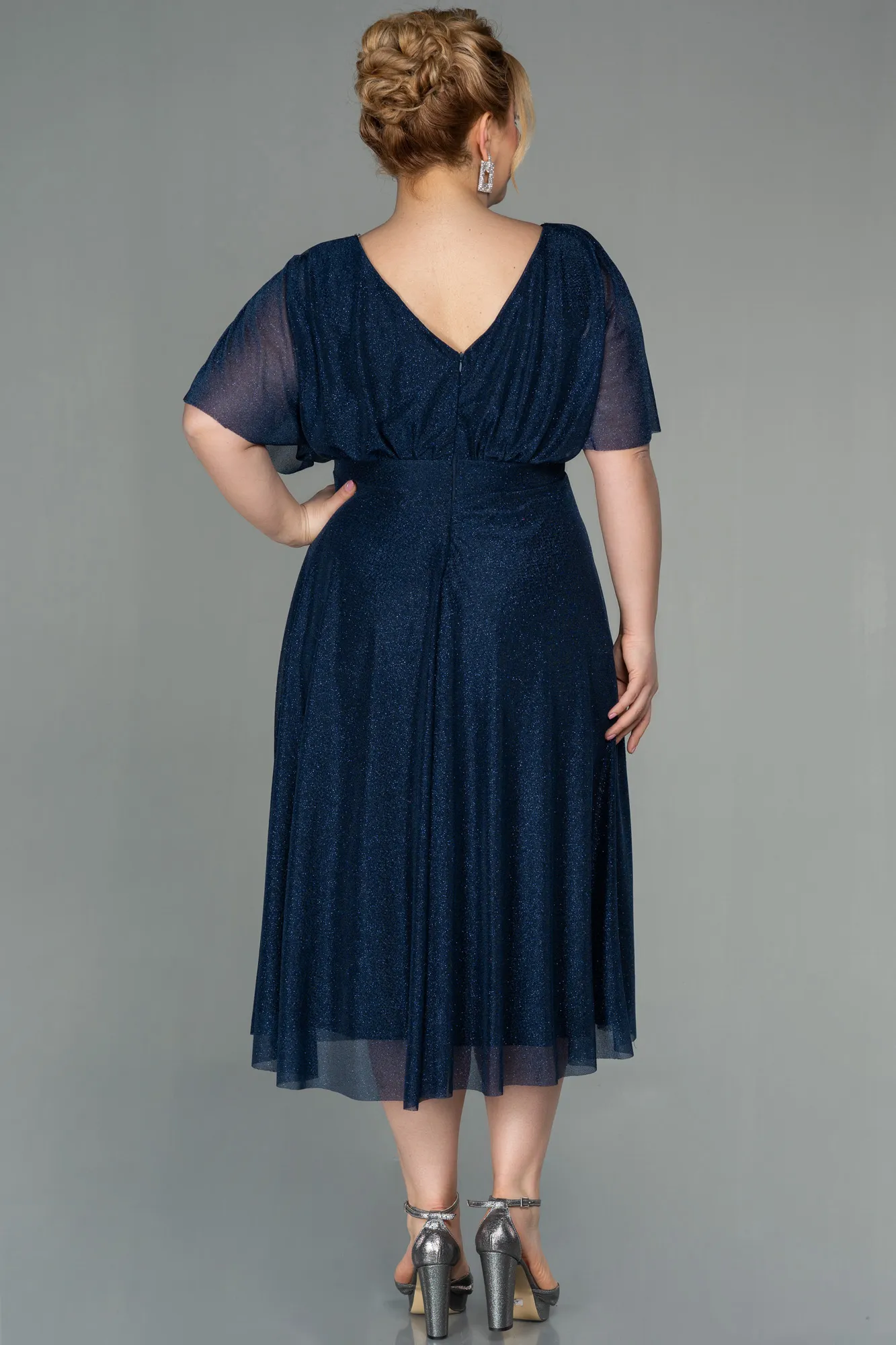 Navy Blue-Midi Plus Size Evening Dress ABK1253