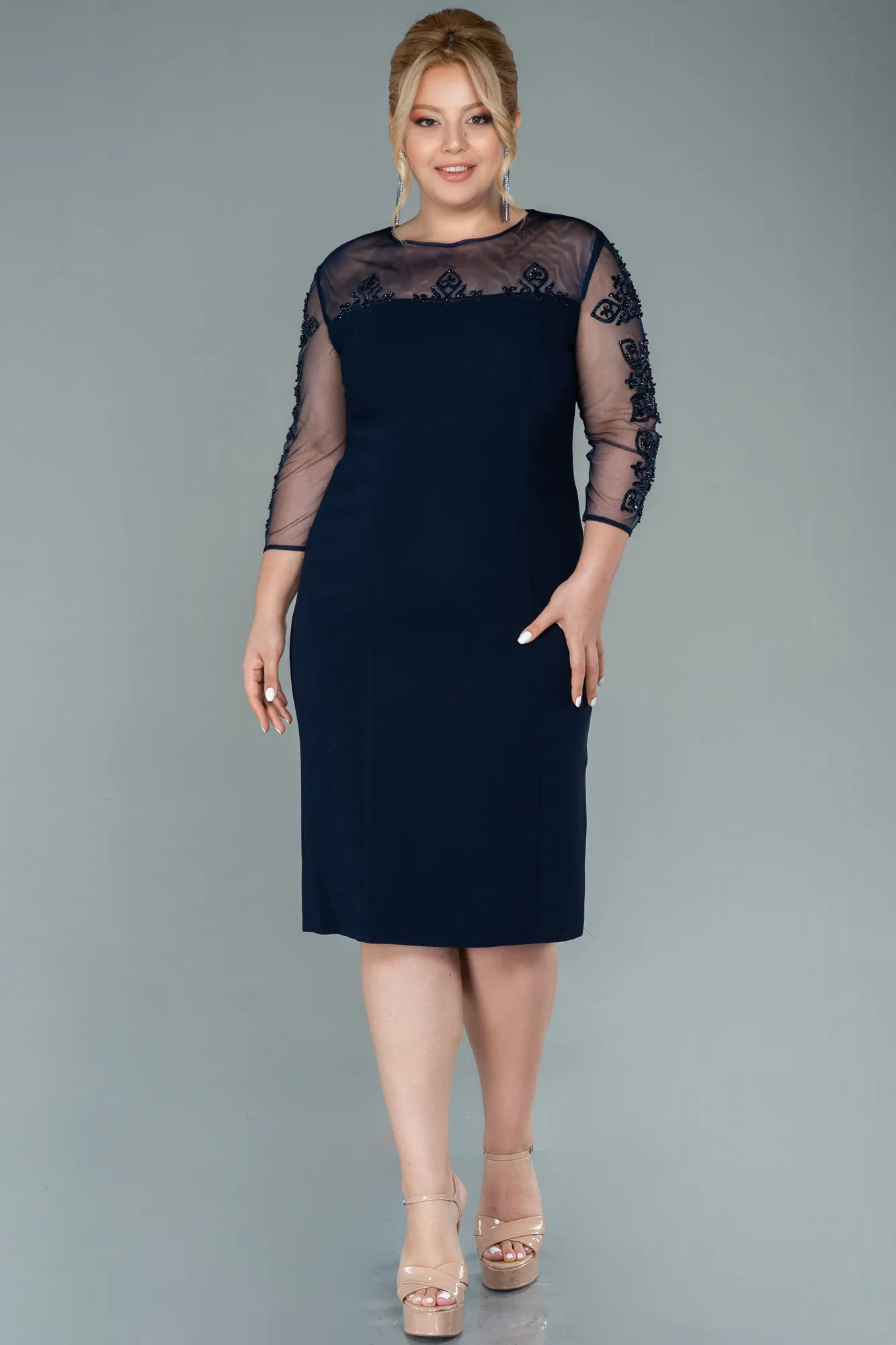 Navy Blue-Midi Plus Size Evening Dress ABK1332