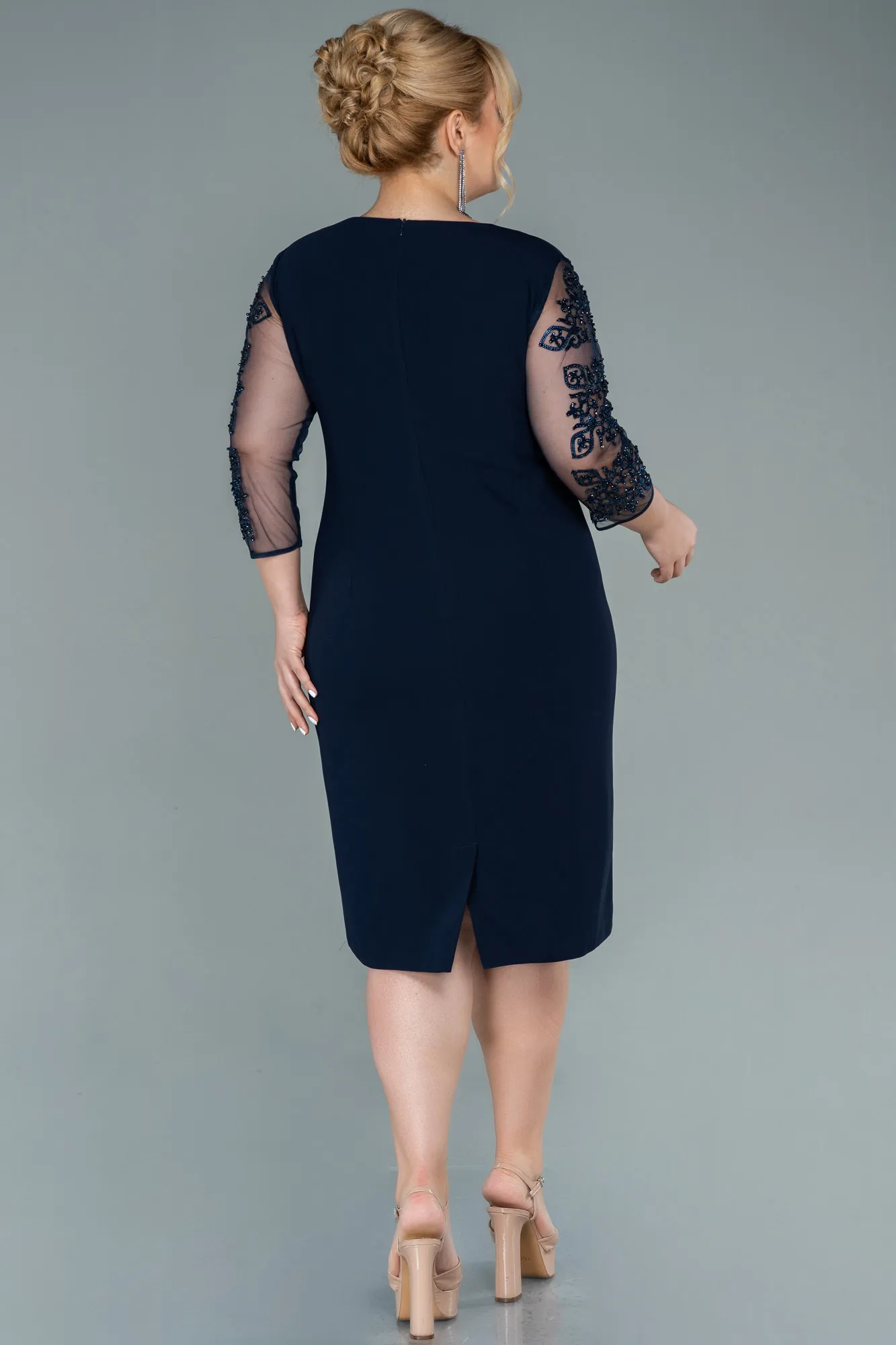 Navy Blue-Midi Plus Size Evening Dress ABK1332