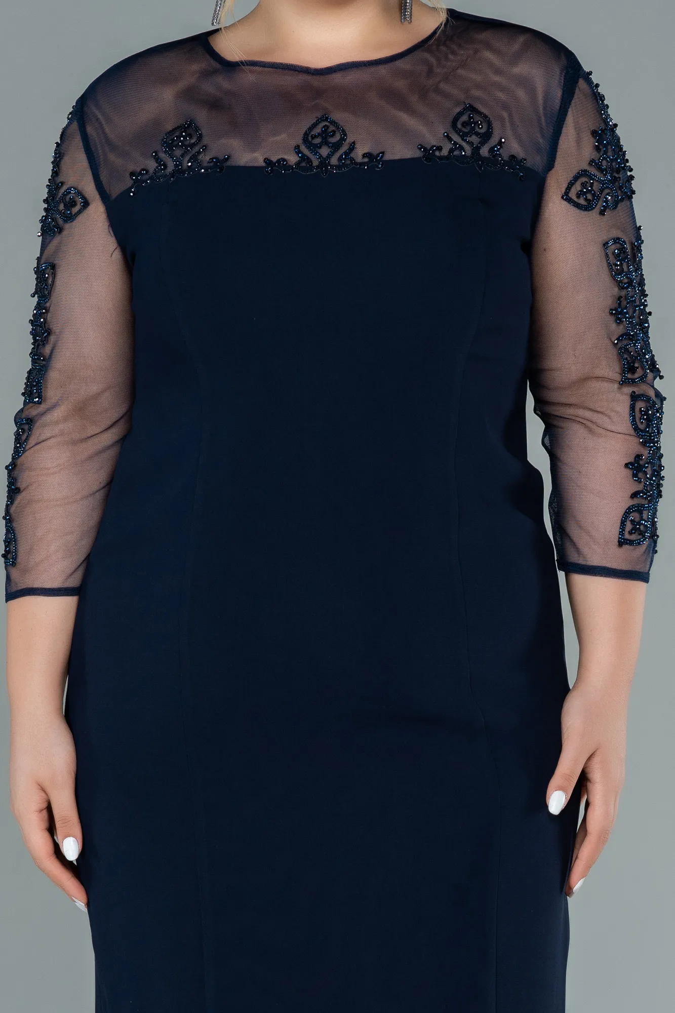 Navy Blue-Midi Plus Size Evening Dress ABK1332