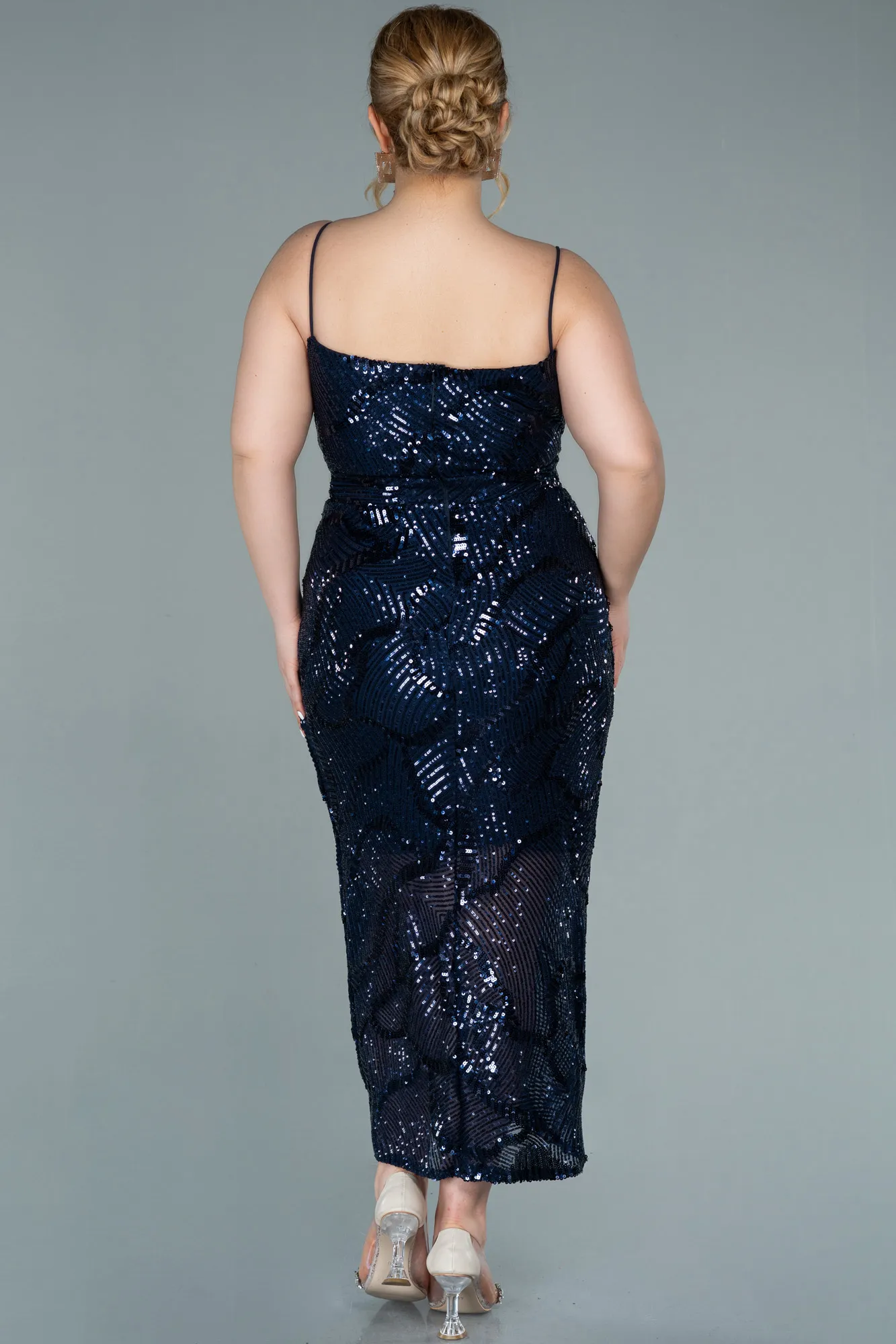 Navy Blue-Midi Plus Size Evening Dress ABK1349