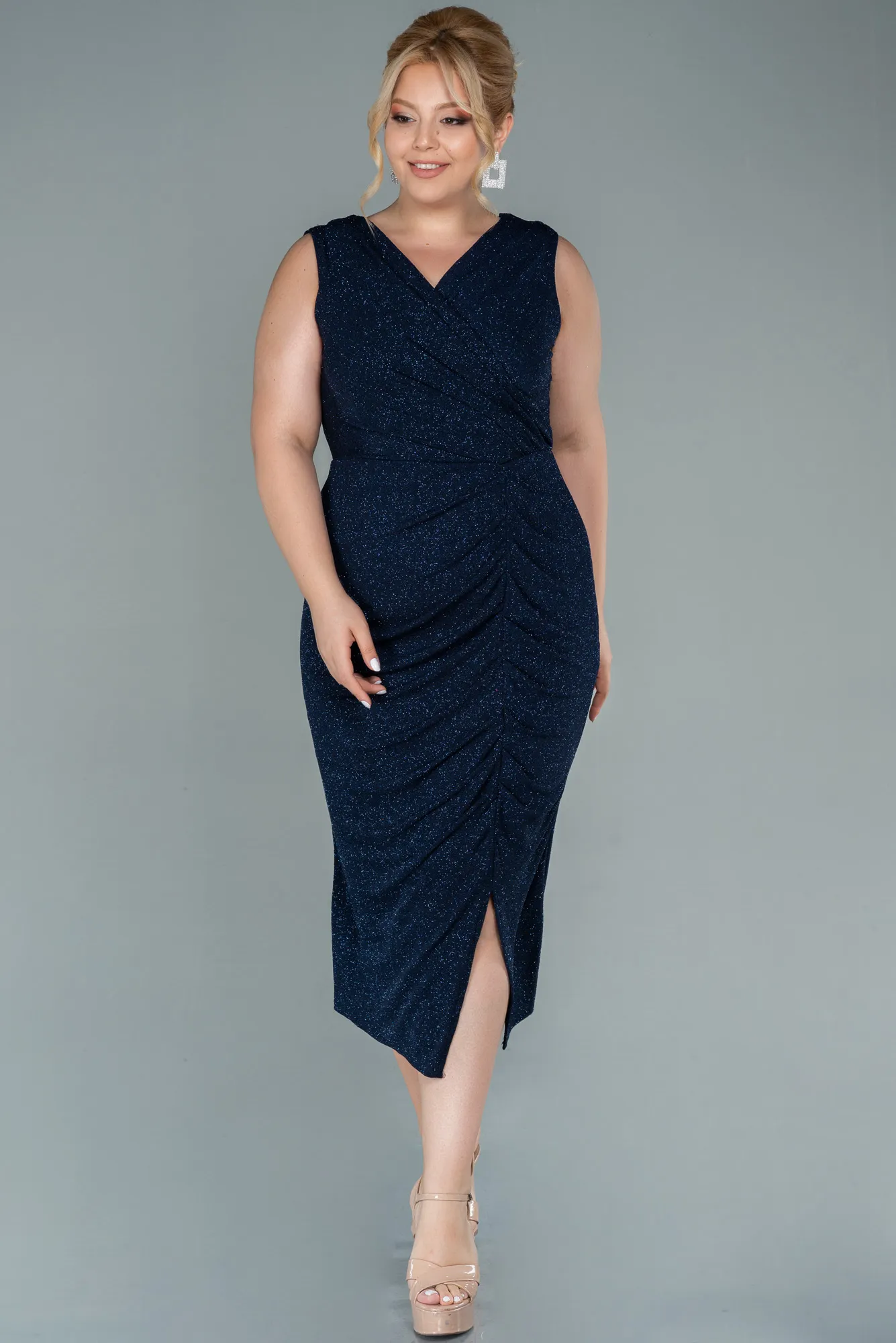 Navy Blue-Midi Plus Size Evening Dress ABK1492