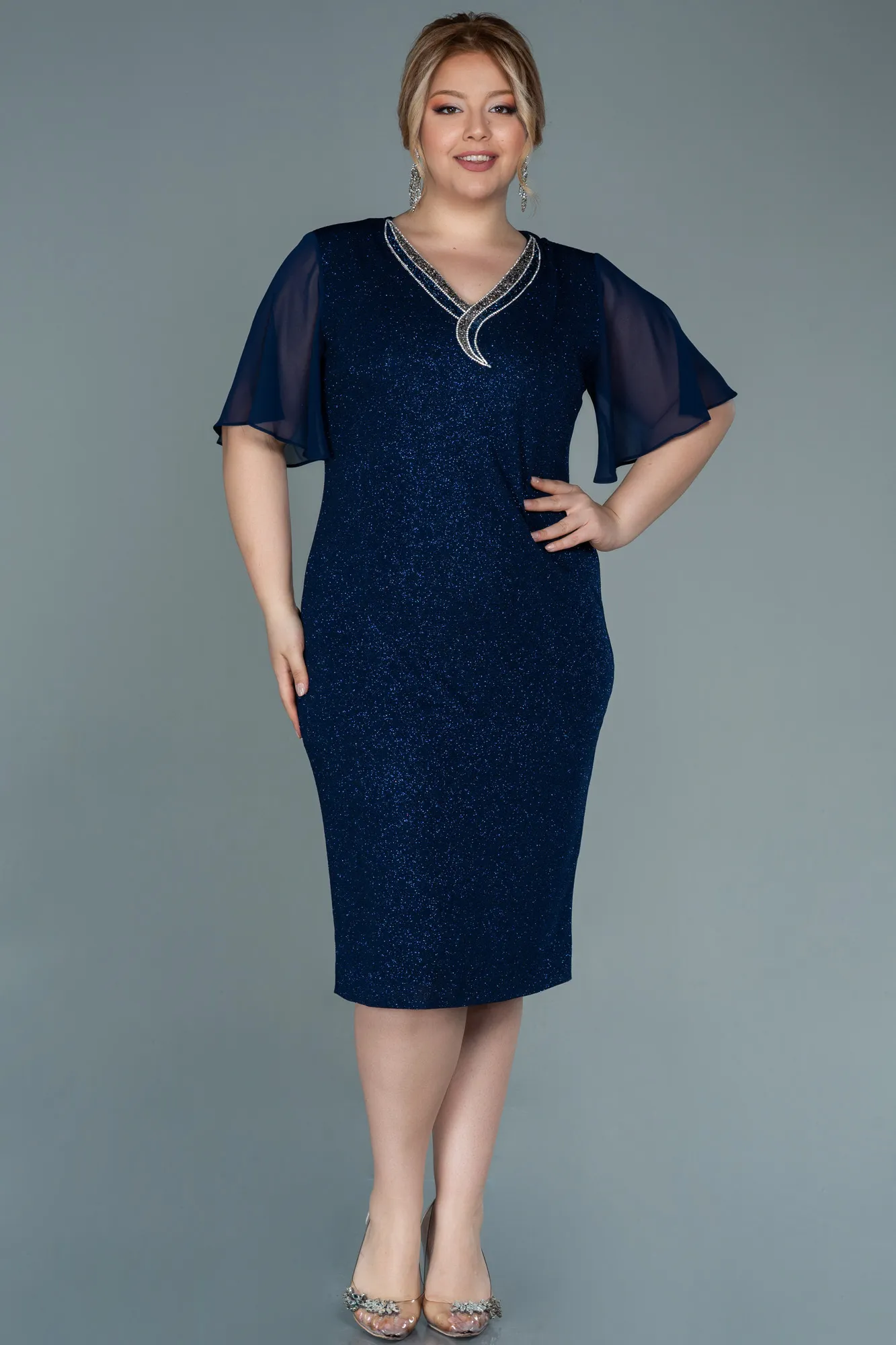 Navy Blue-Midi Plus Size Evening Dress ABK1511