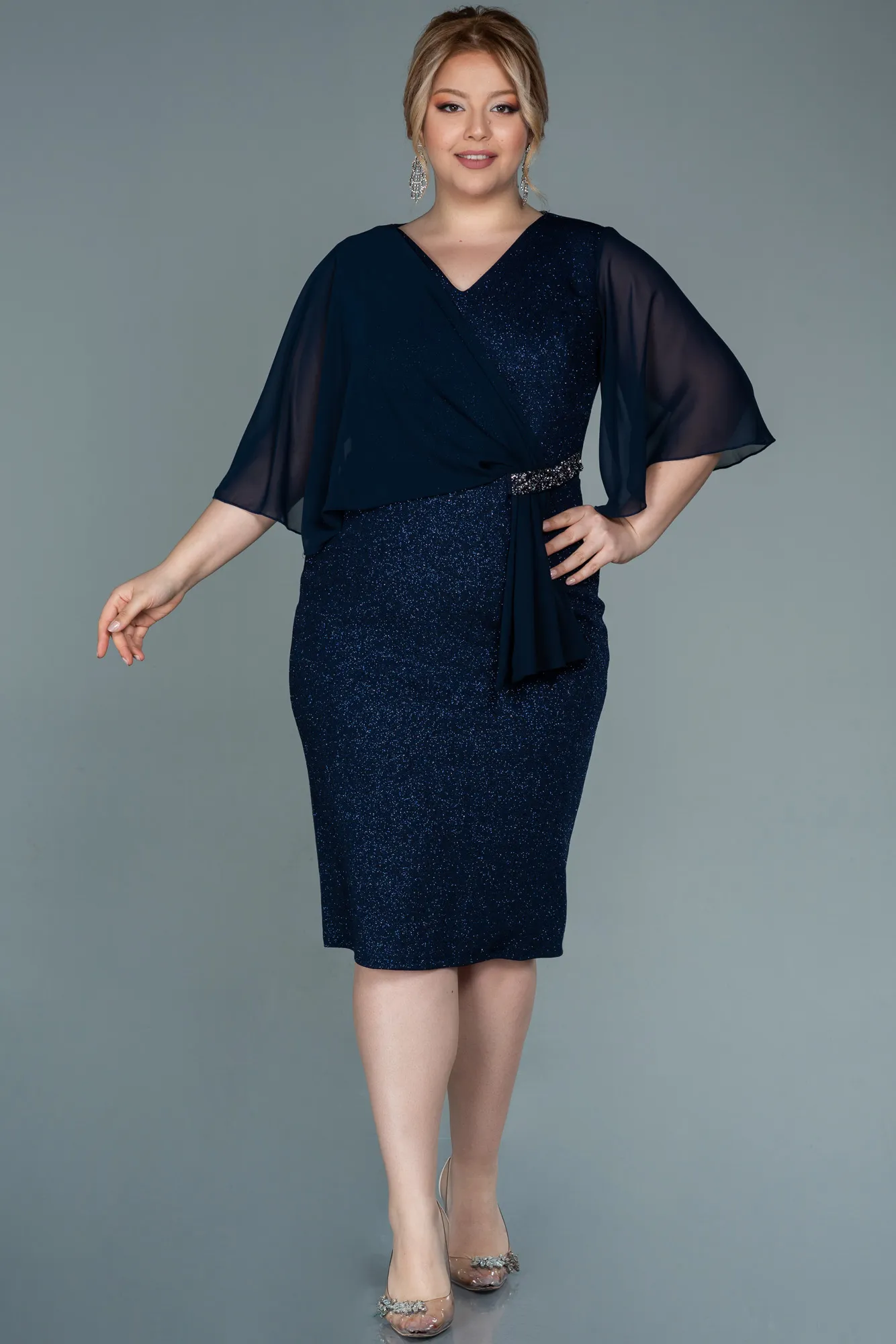 Navy Blue-Midi Plus Size Evening Dress ABK1567
