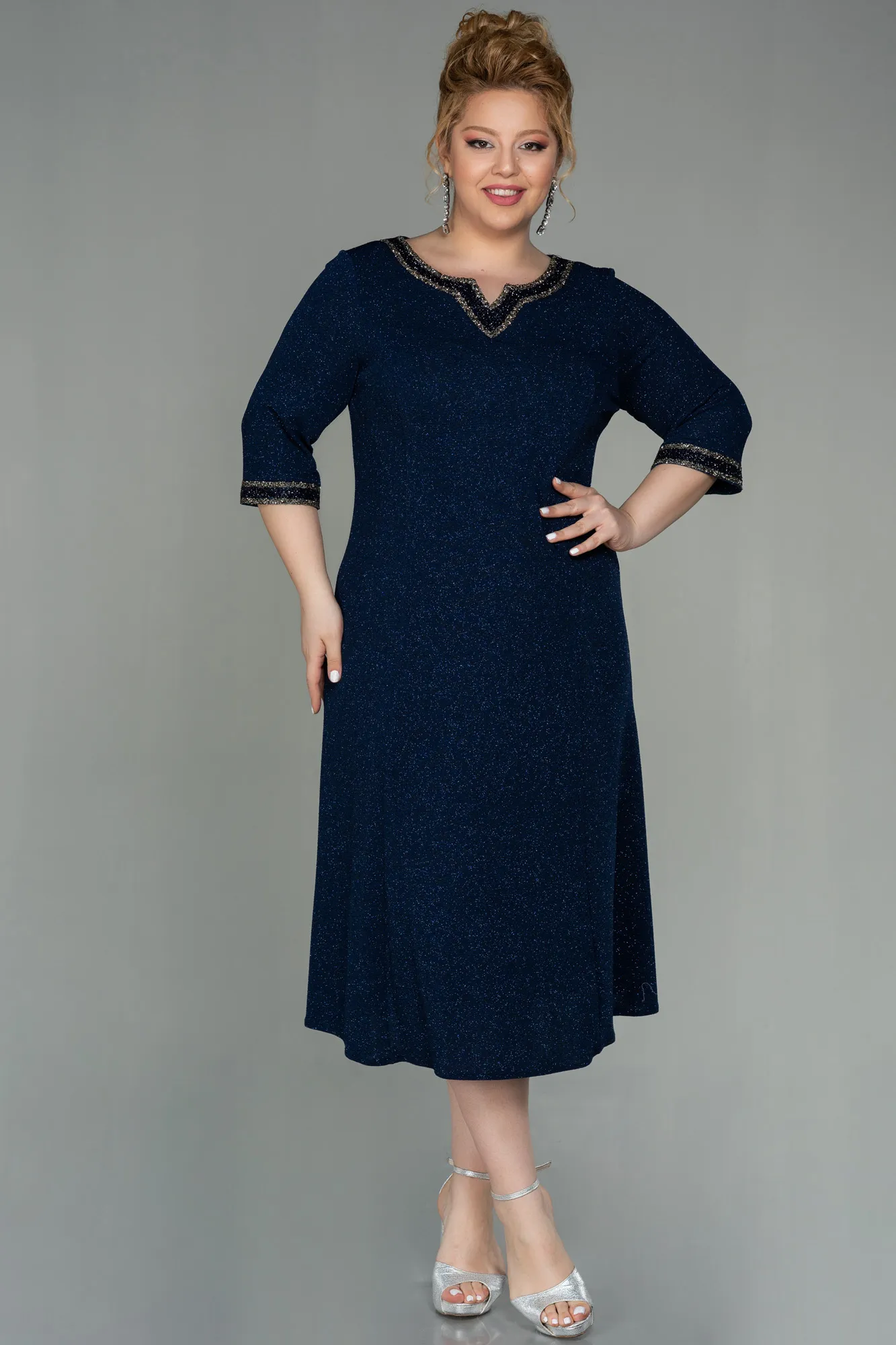 Navy Blue-Midi Plus Size Evening Dress ABK1595