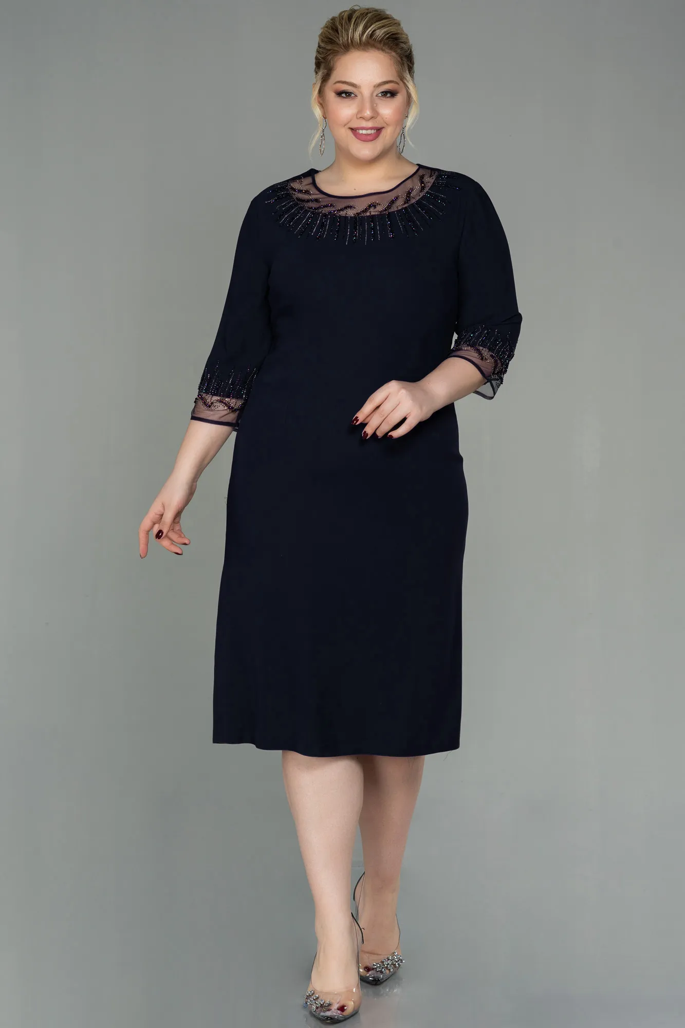 Navy Blue-Midi Plus Size Evening Dress ABK1622