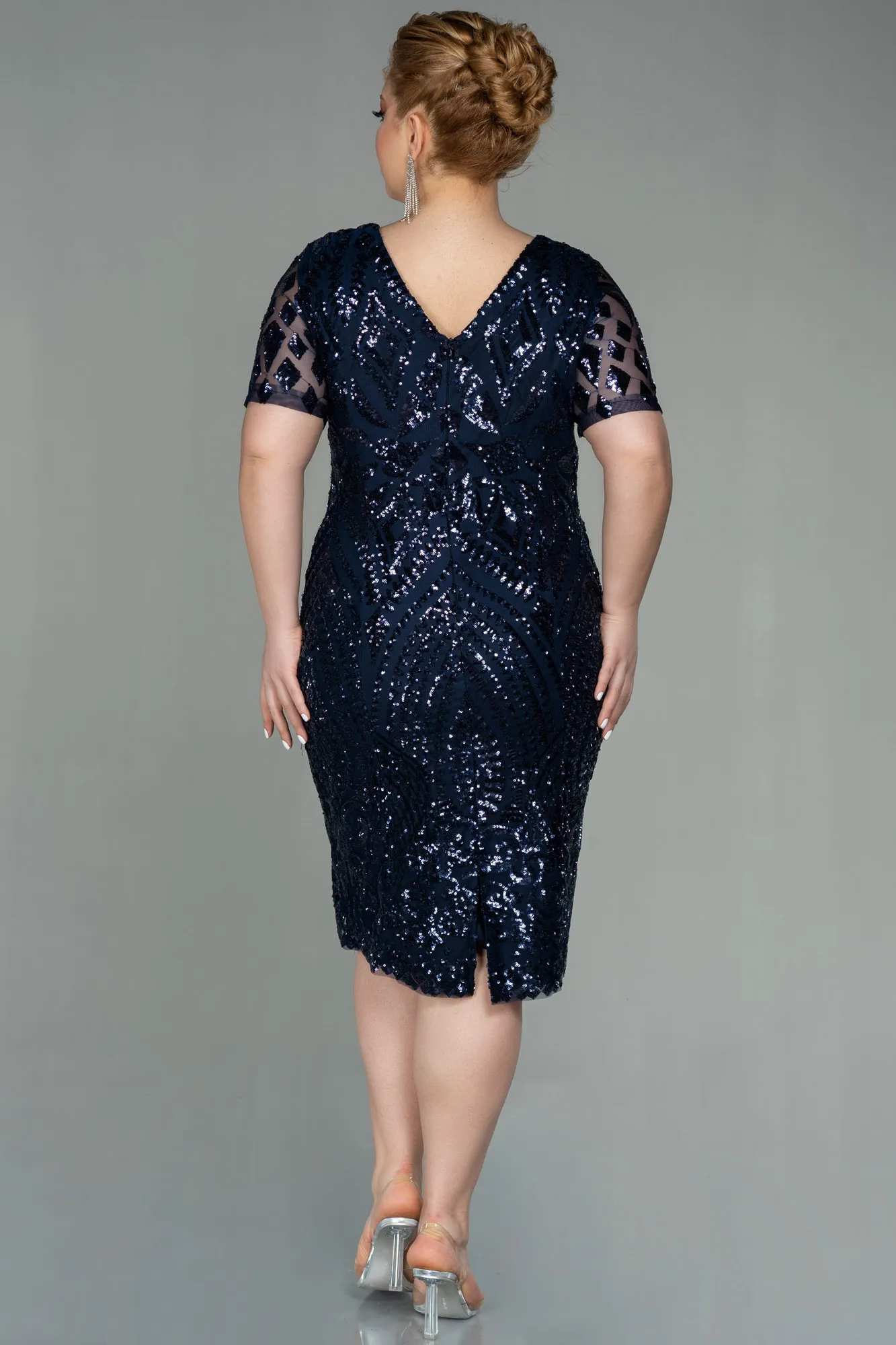 Navy Blue-Midi Plus Size Evening Dress ABK1624