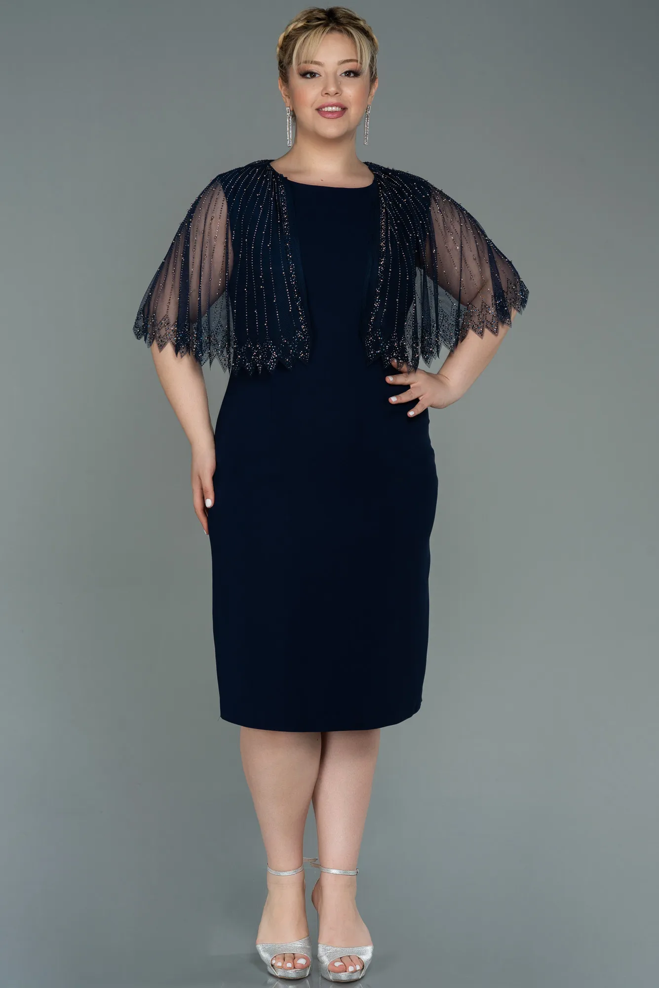 Navy Blue-Midi Plus Size Evening Dress ABK1662
