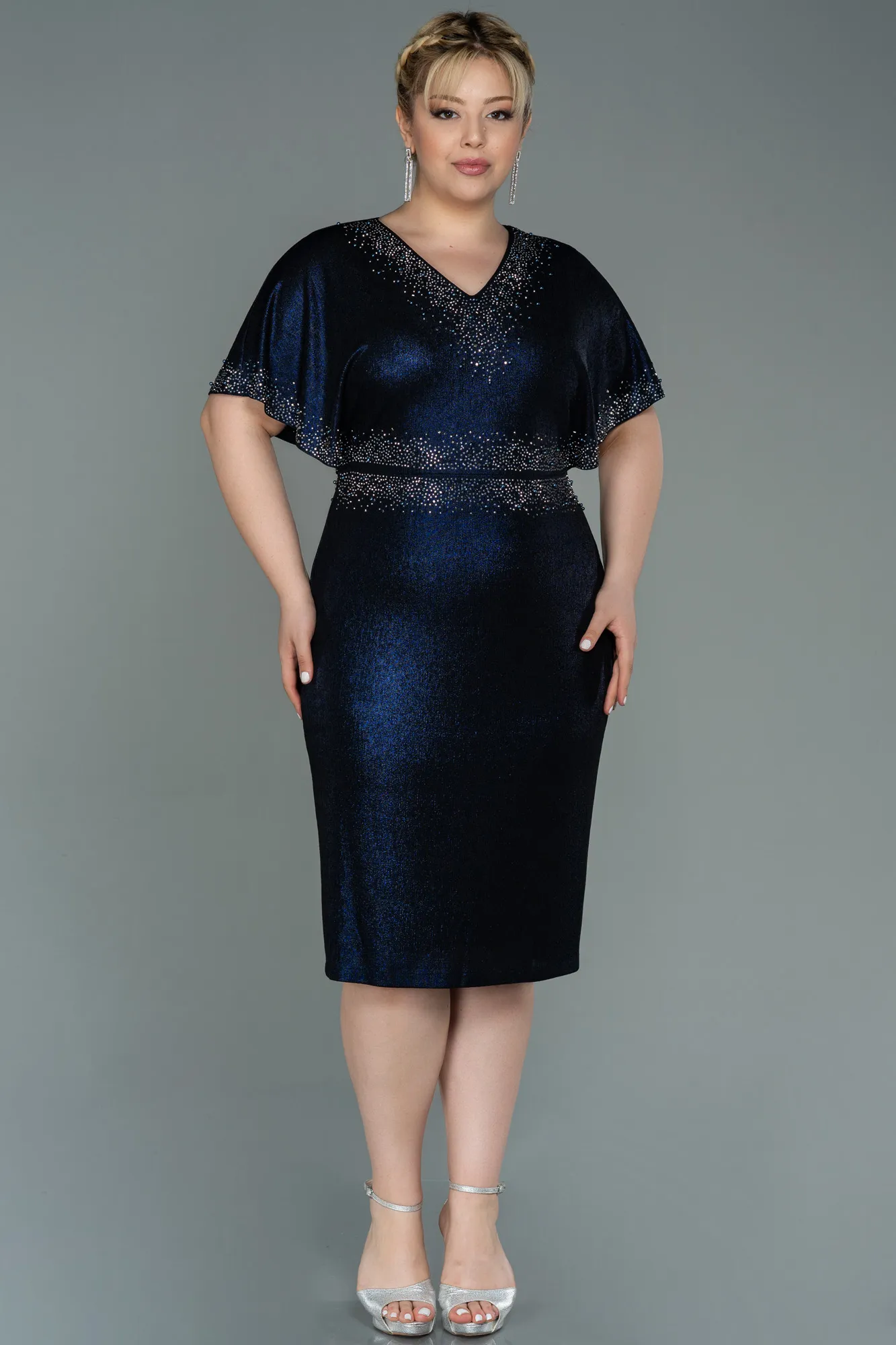 Navy Blue-Midi Plus Size Evening Dress ABK1683