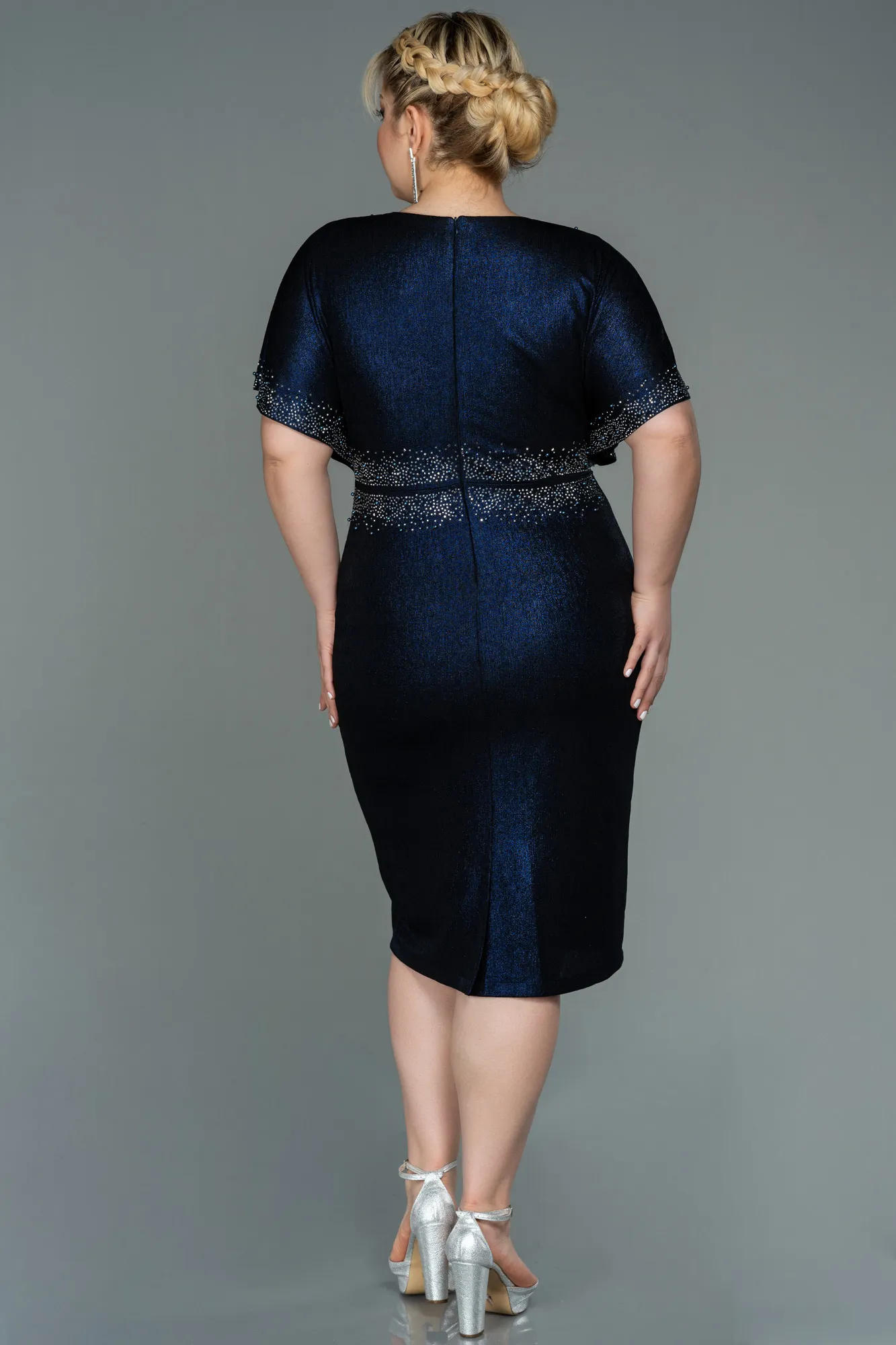 Navy Blue-Midi Plus Size Evening Dress ABK1683