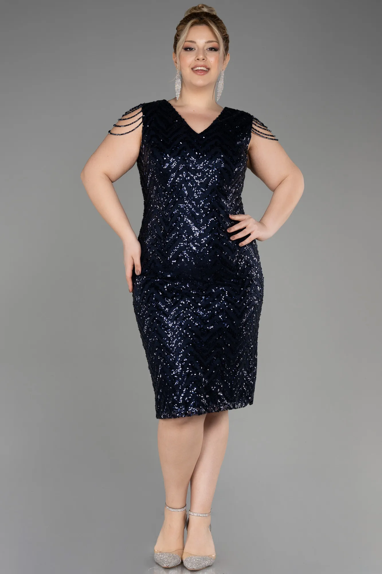 Navy Blue-Midi Plus Size Evening Dress ABK1730
