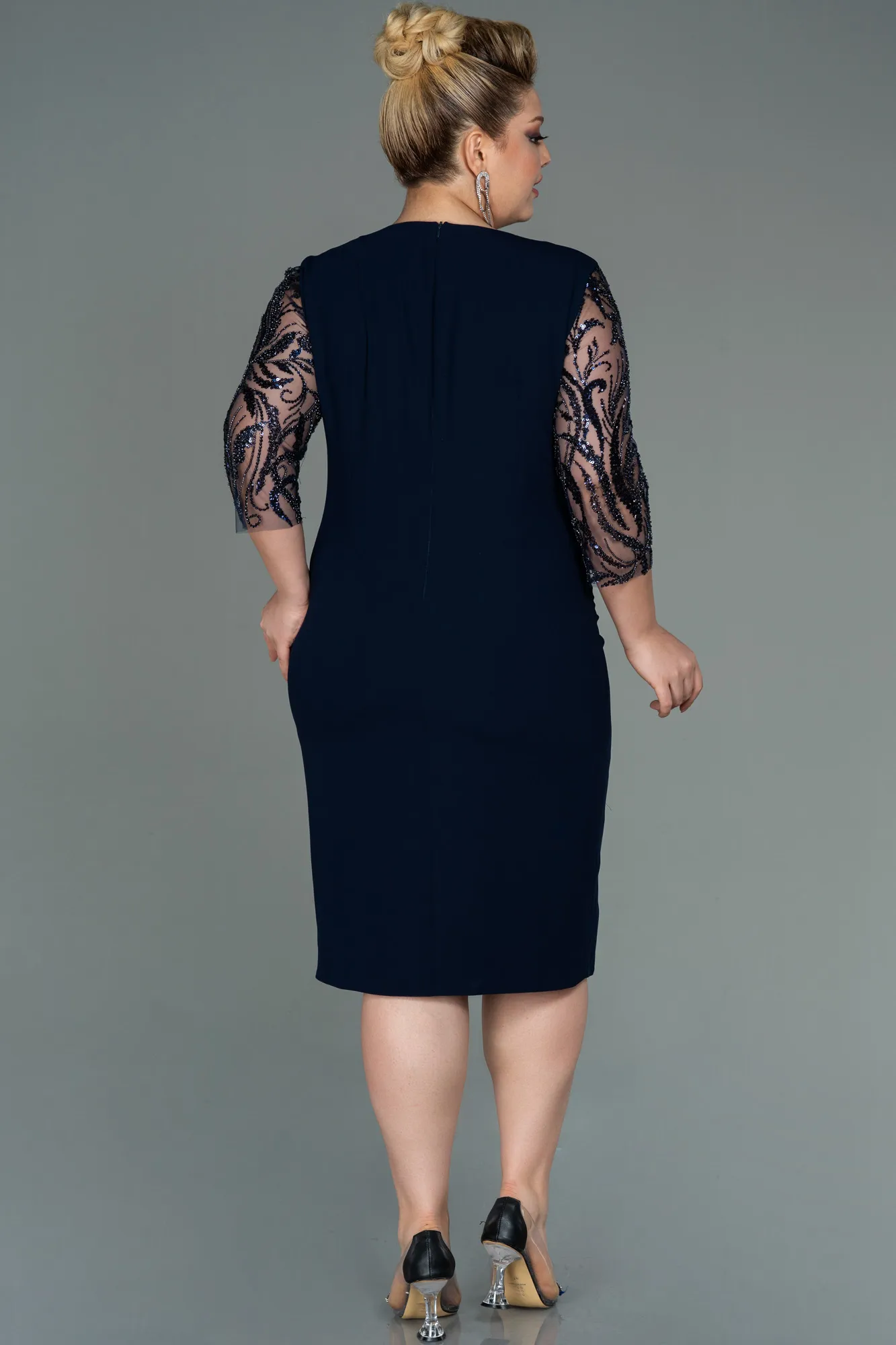 Navy Blue-Midi Plus Size Evening Dress ABK1783