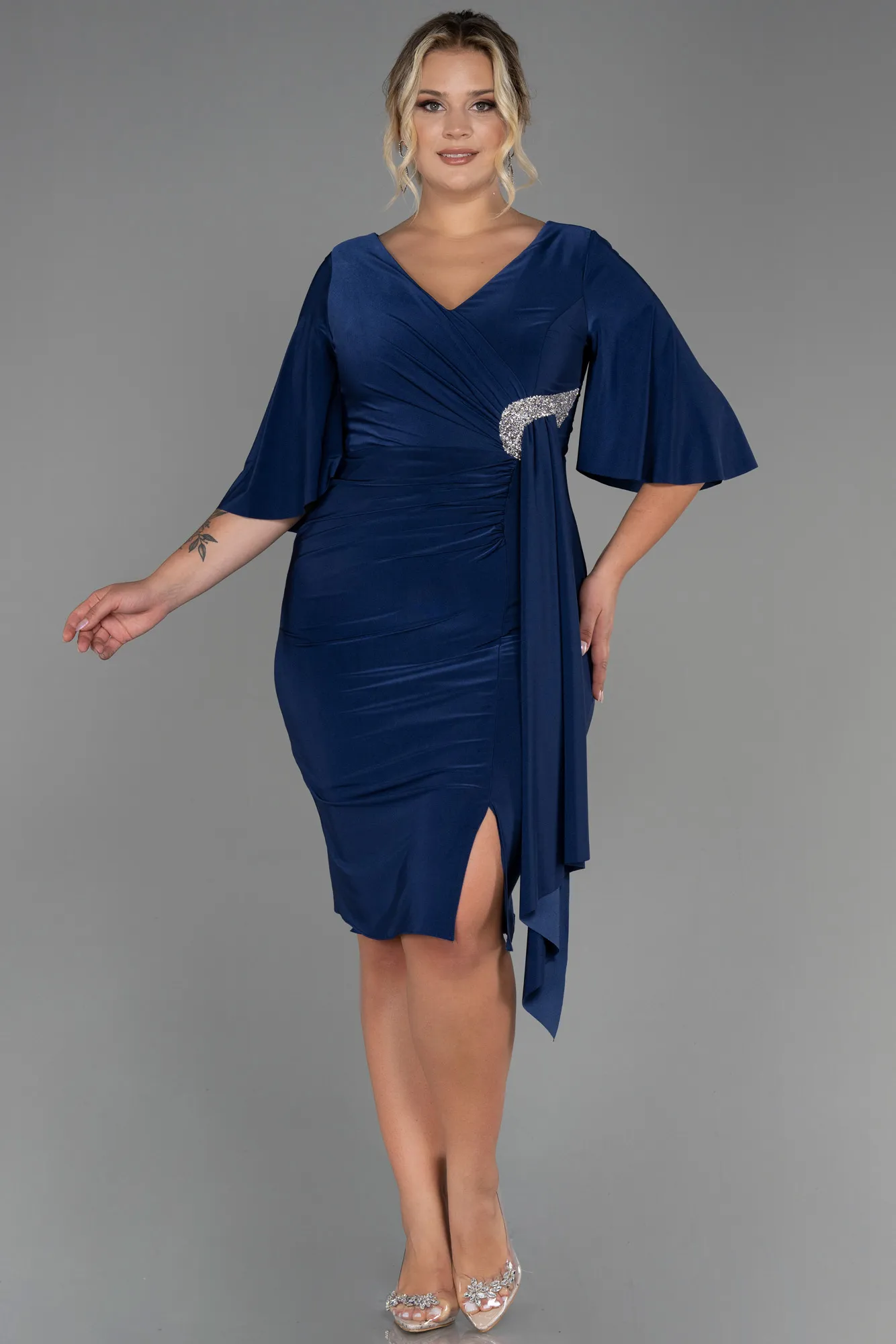 Navy Blue-Midi Plus Size Evening Dress ABK1801