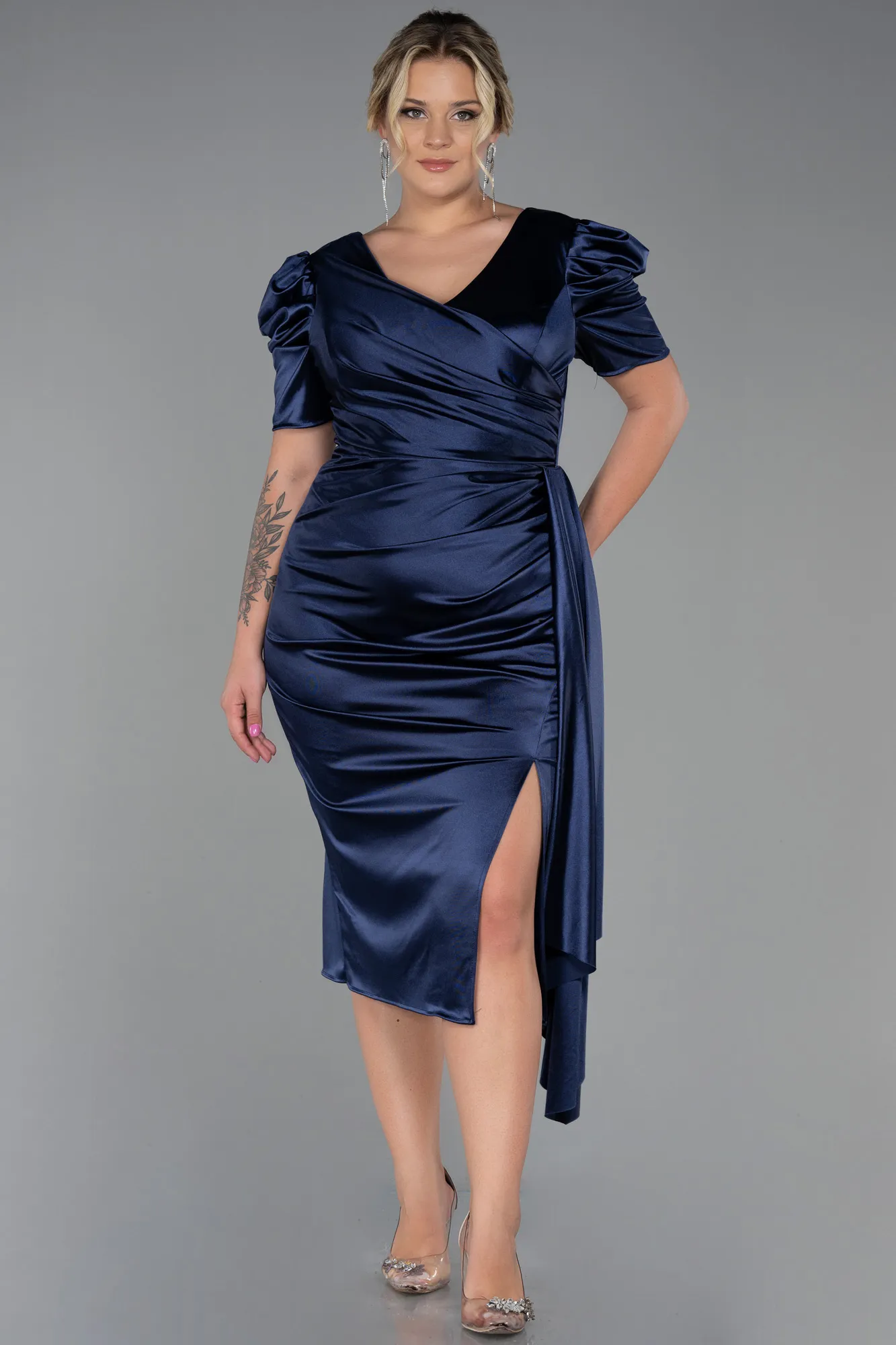 Navy Blue-Midi Plus Size Evening Dress ABK1812