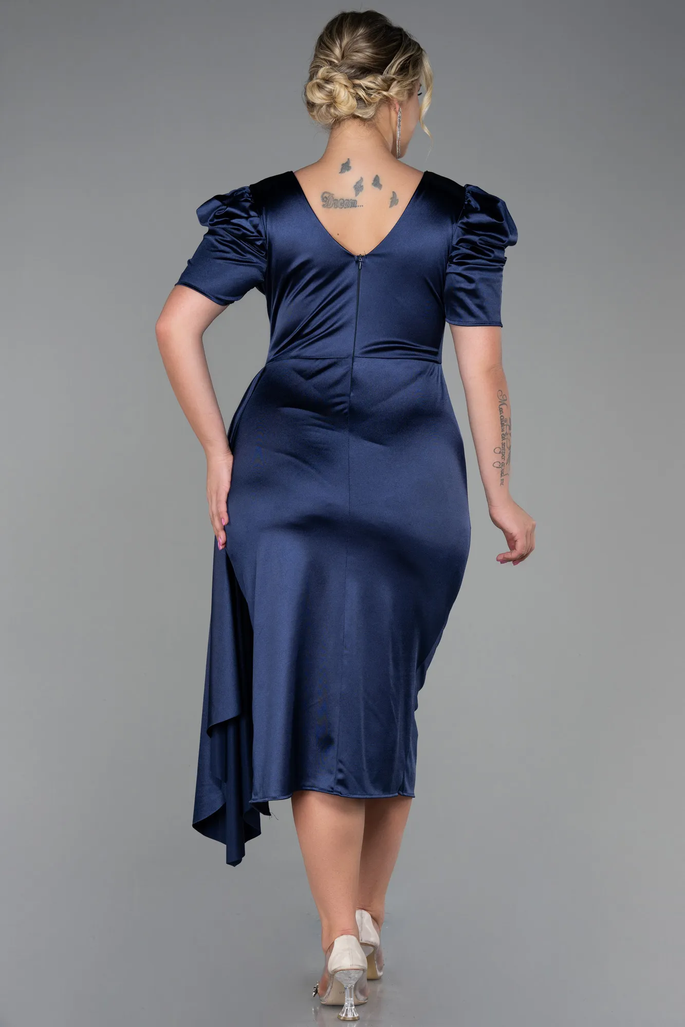 Navy Blue-Midi Plus Size Evening Dress ABK1812