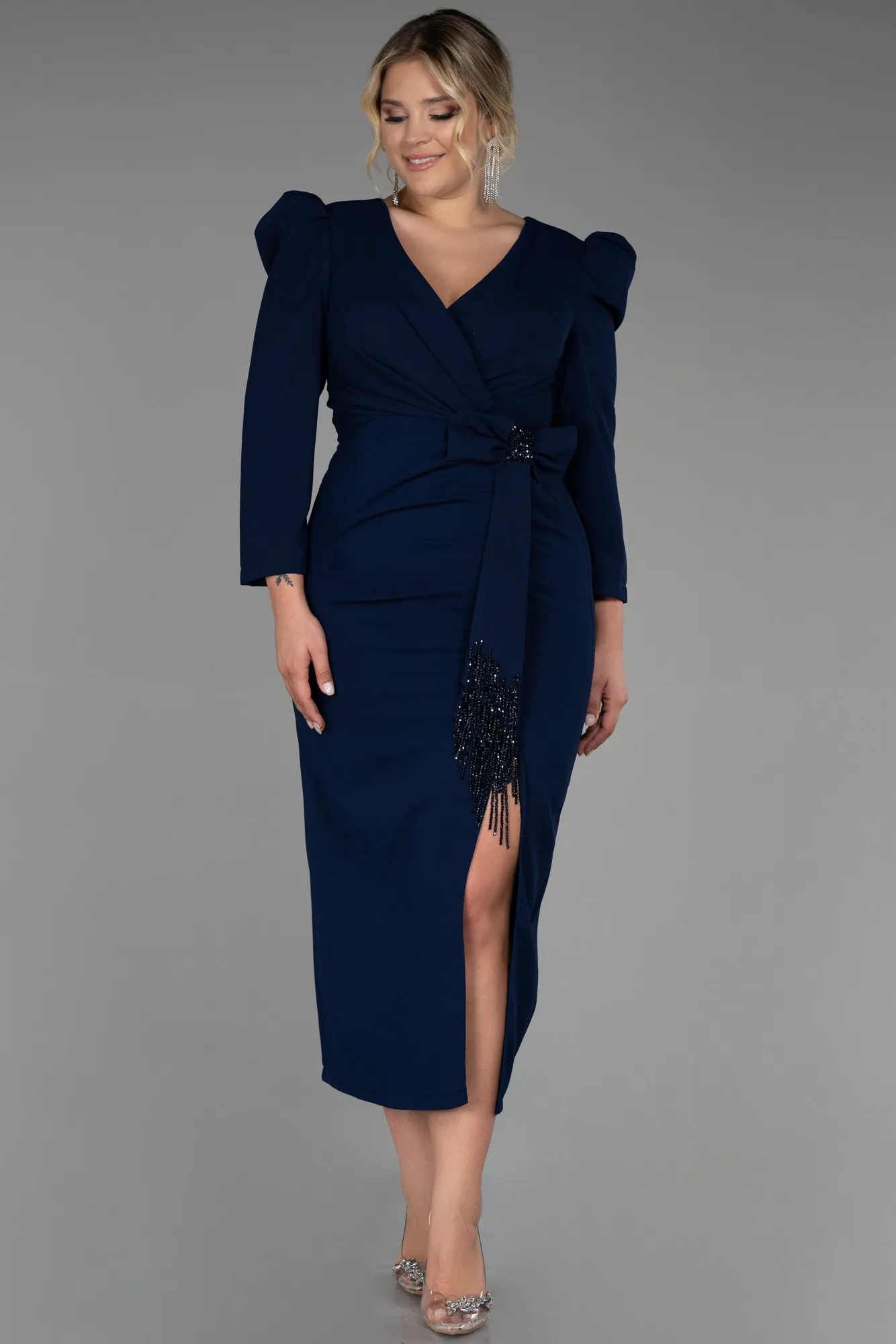 Navy Blue-Midi Plus Size Evening Dress ABK1822