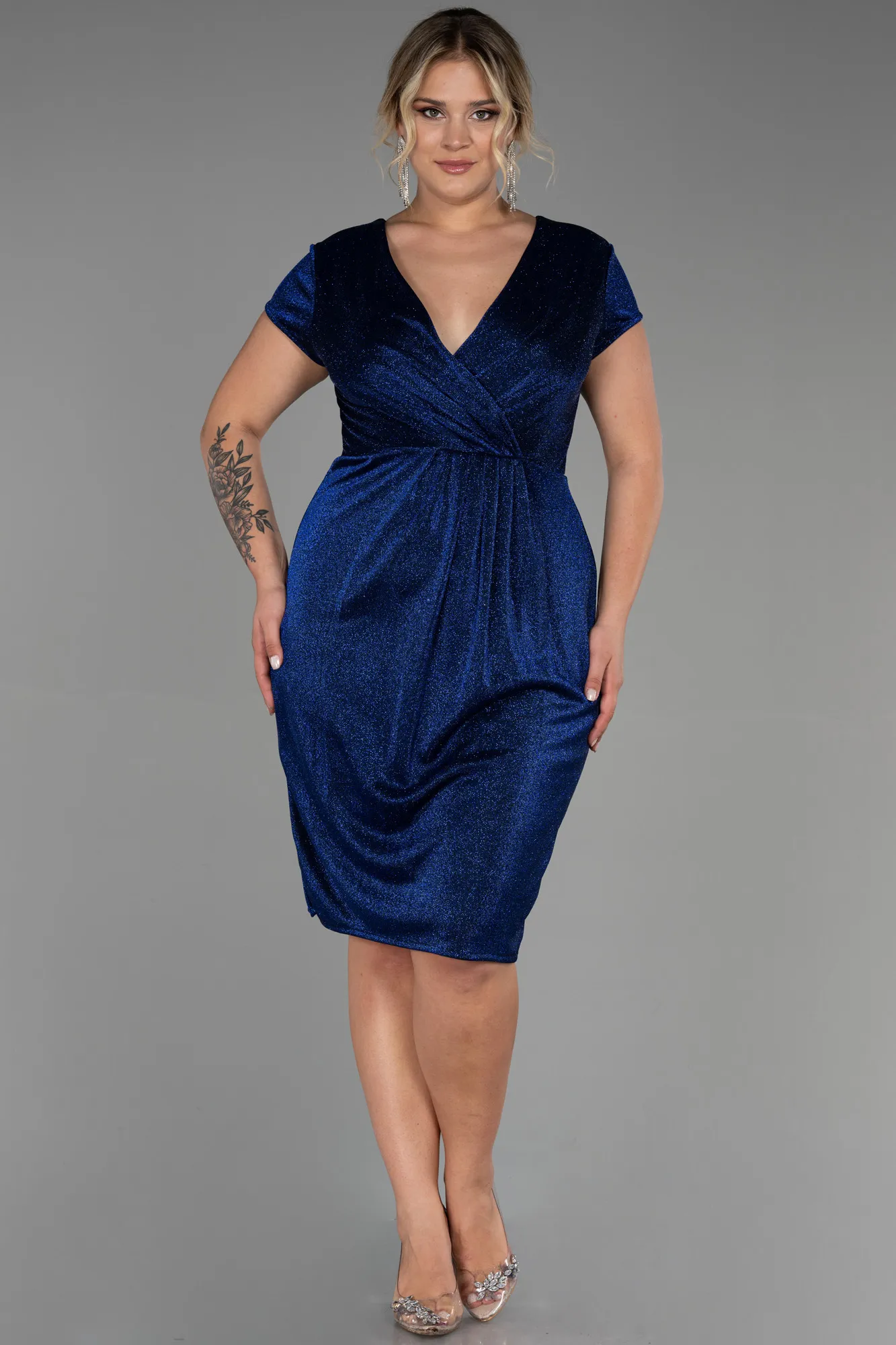 Navy Blue-Midi Plus Size Evening Dress ABK1823