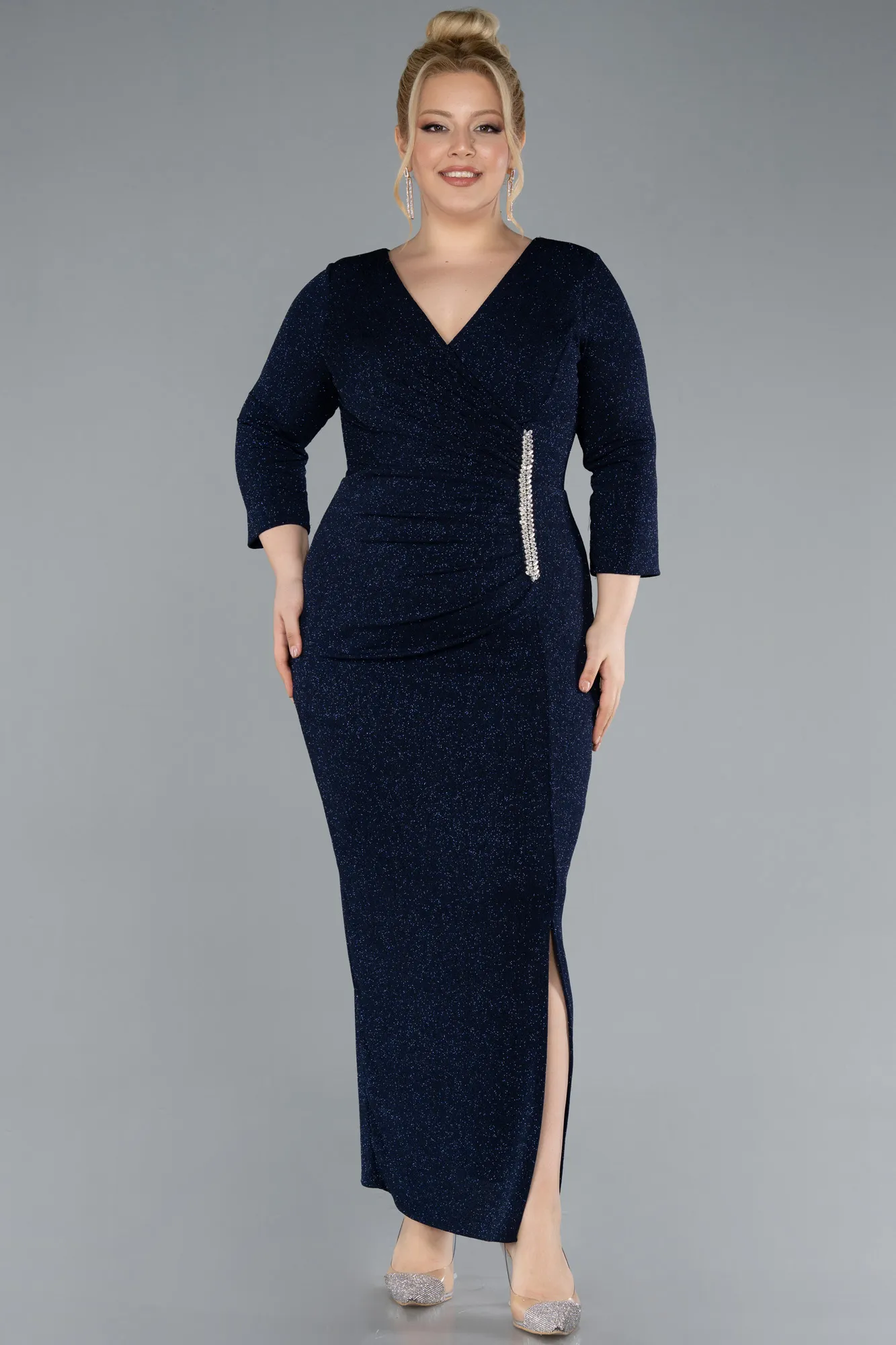 Navy Blue-Midi Plus Size Evening Dress ABK2246