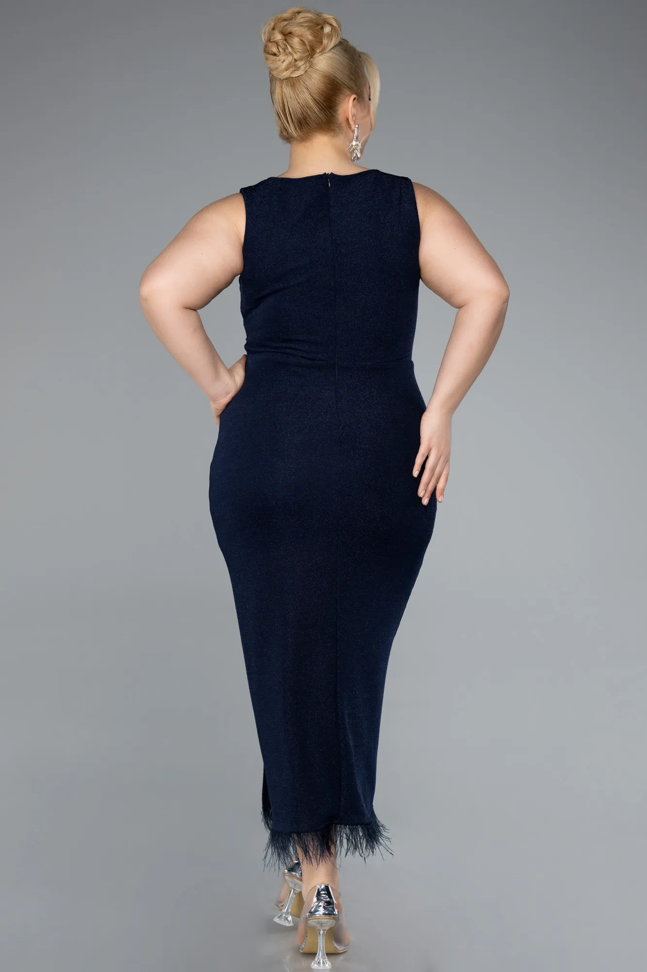 Navy Blue-Midi Plus Size Evening Dress ABK2338