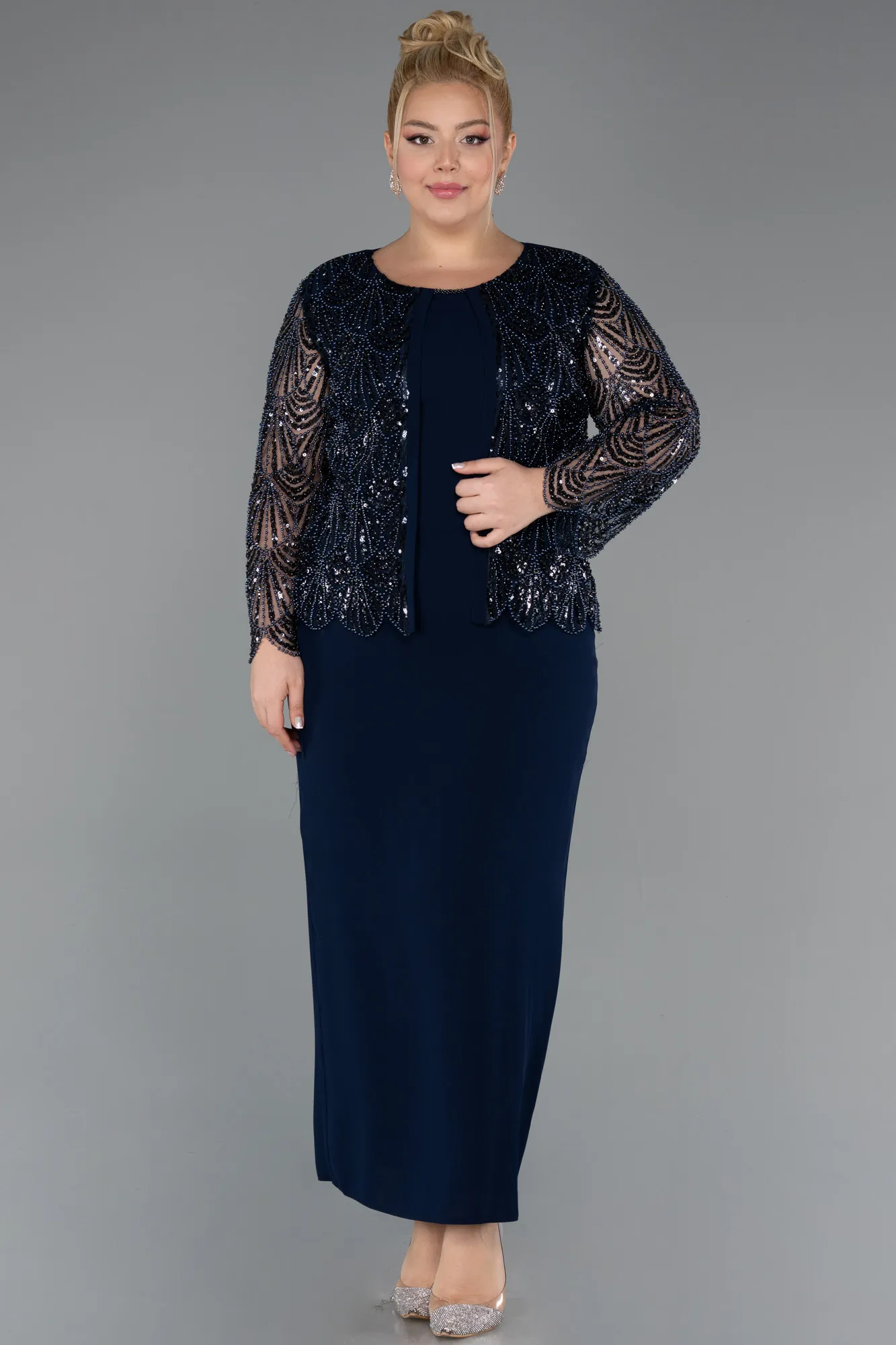Navy Blue-Midi Plus Size Evening Dress ABK2418