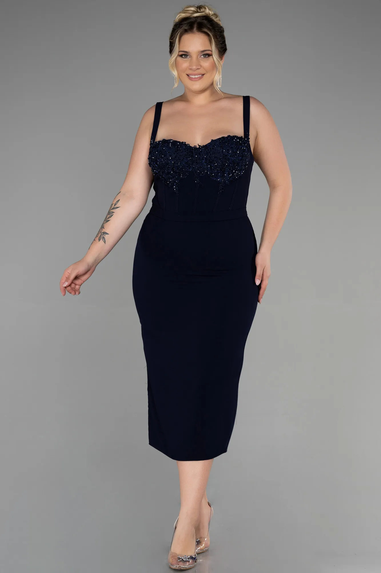 Navy Blue-Midi Plus Size Invitation Dress ABK1882