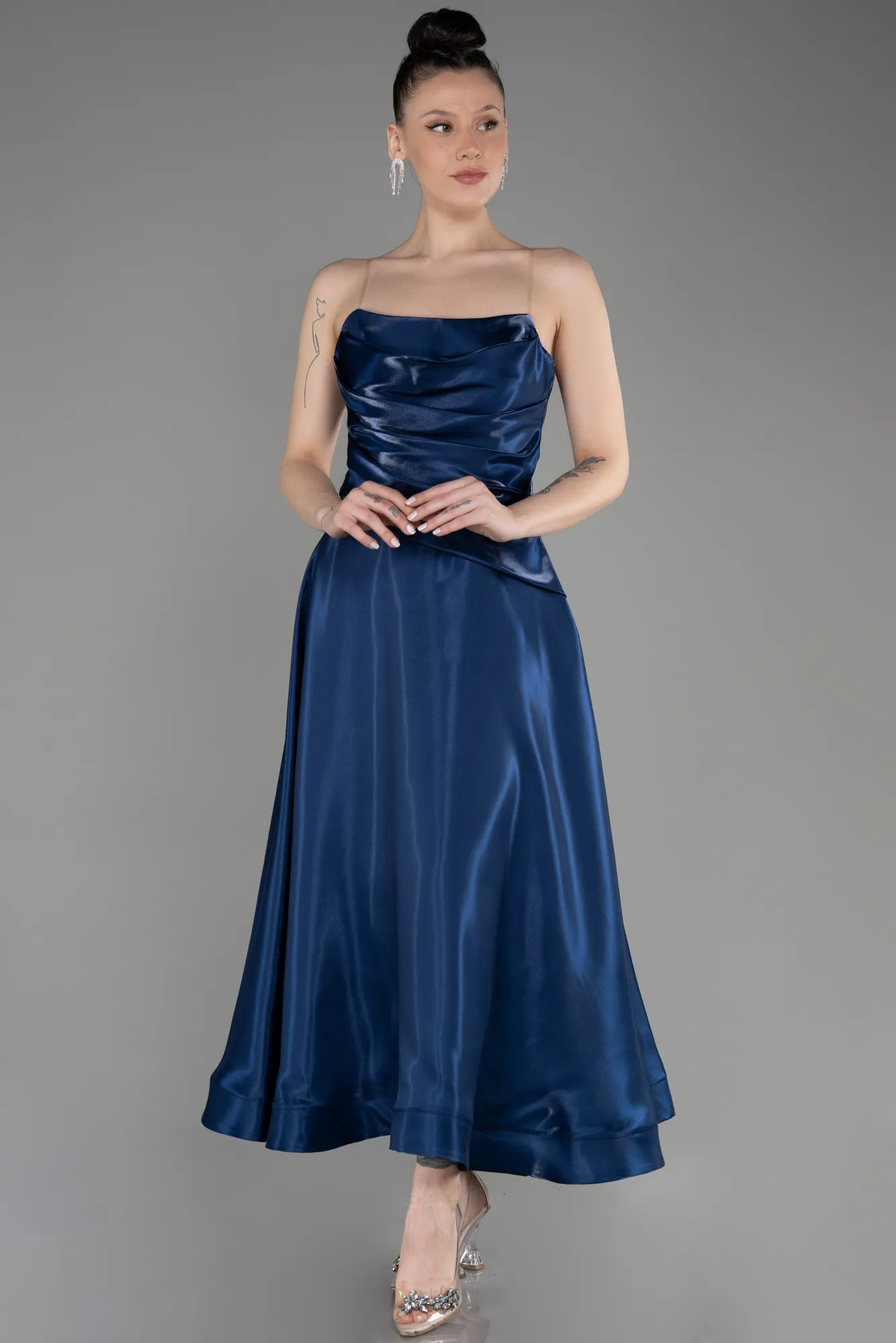 Navy Blue-Midi Satin Cocktail Dress ABK2018
