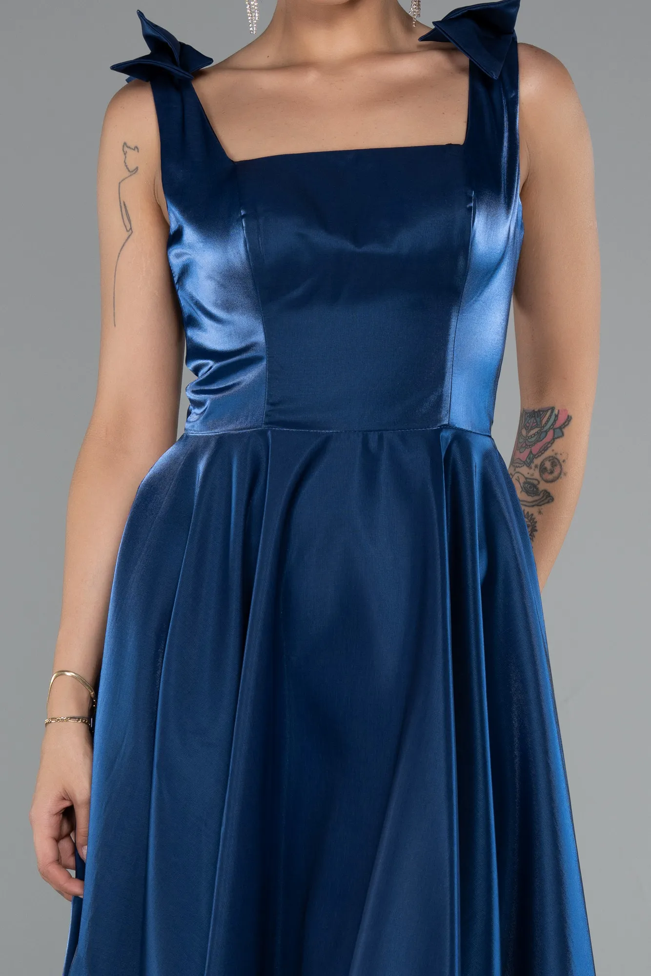 Navy Blue-Midi Satin Cocktail Dress ABK2388