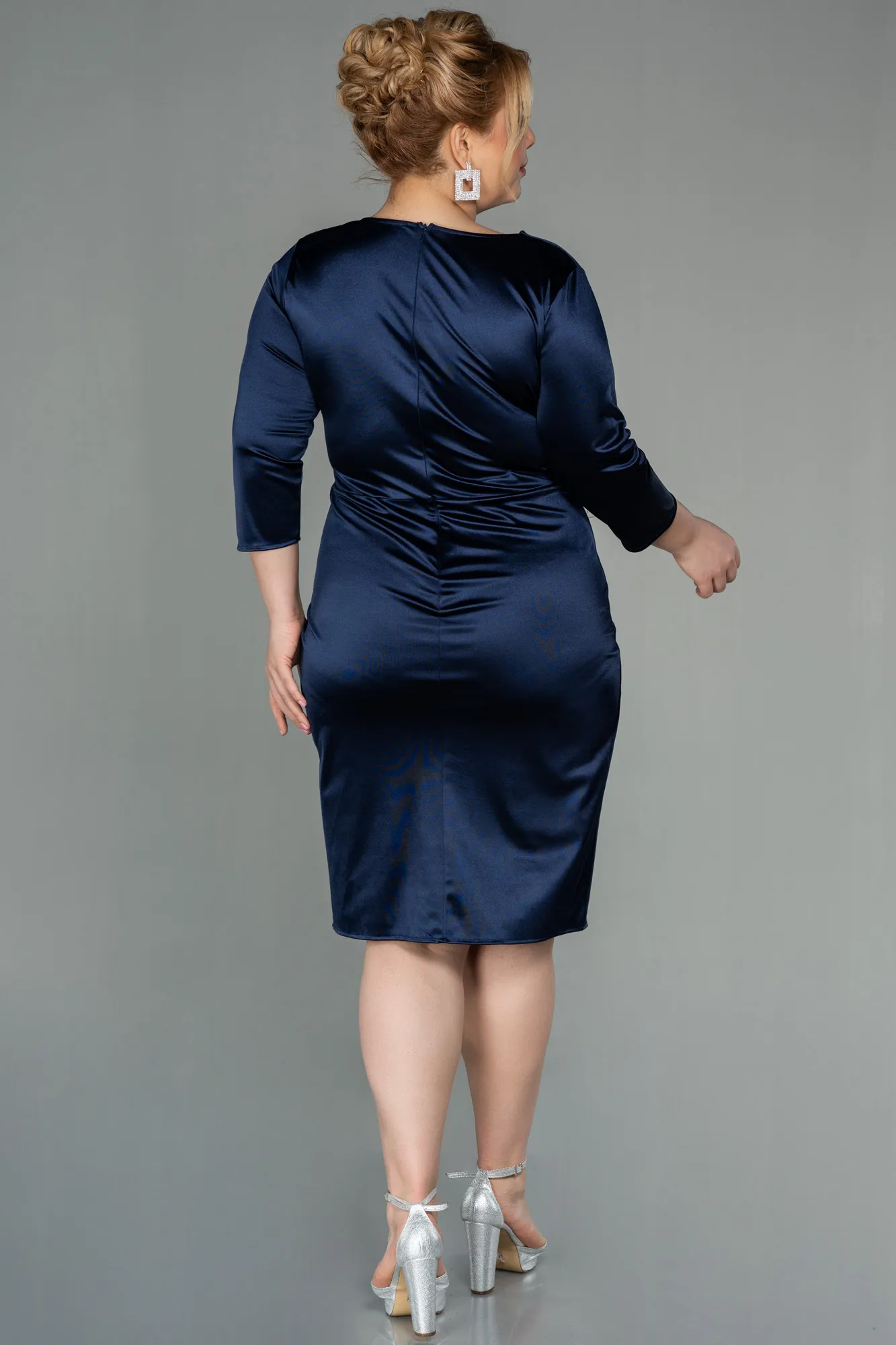 Navy Blue-Midi Satin Evening Dress ABK1592