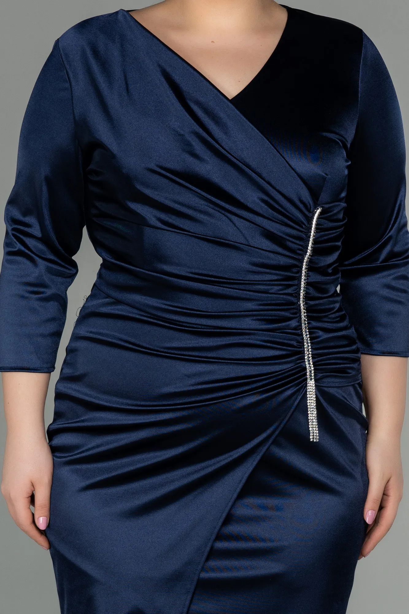 Navy Blue-Midi Satin Evening Dress ABK1592