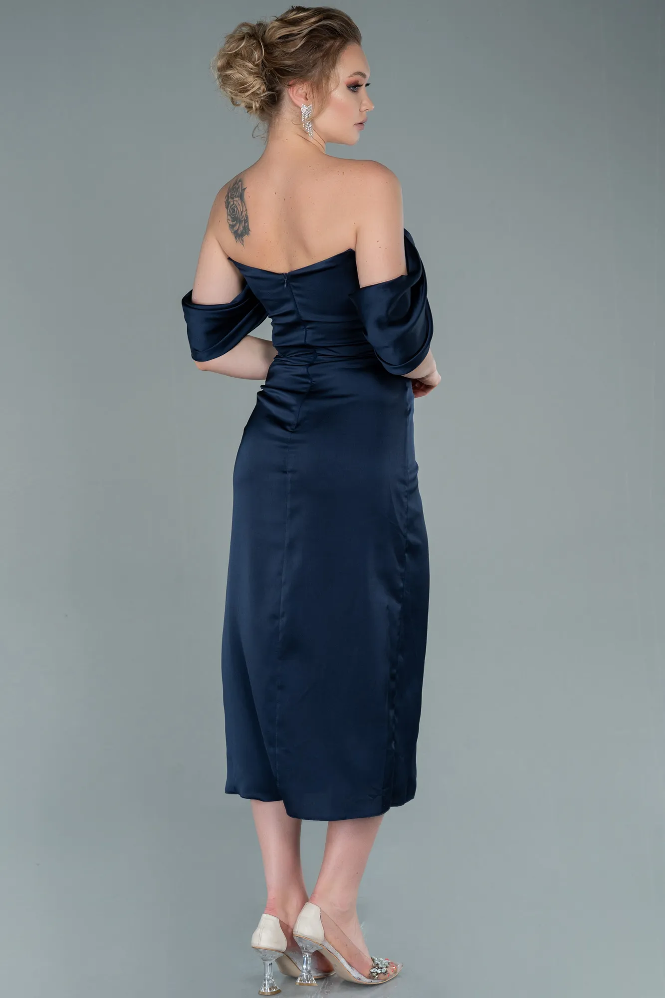 Navy Blue-Midi Satin Invitation Dress ABK1404
