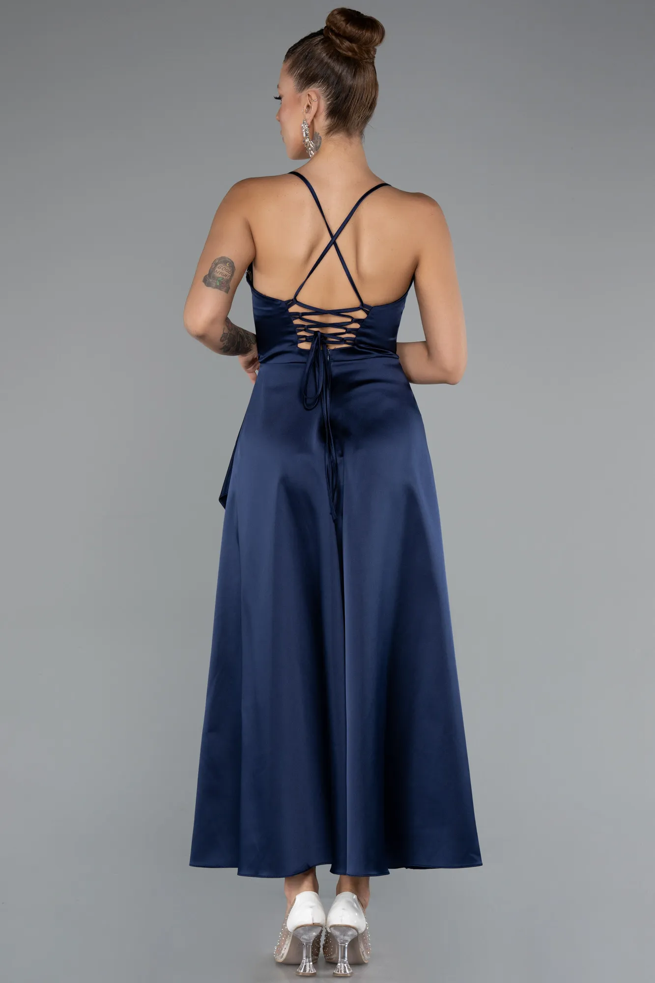 Navy Blue-Midi Satin Invitation Dress ABK1586