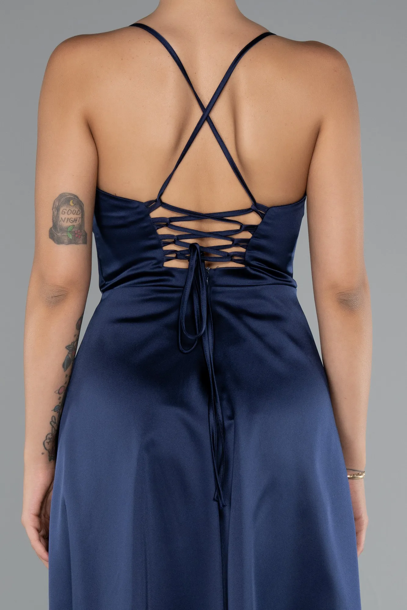 Navy Blue-Midi Satin Invitation Dress ABK1586