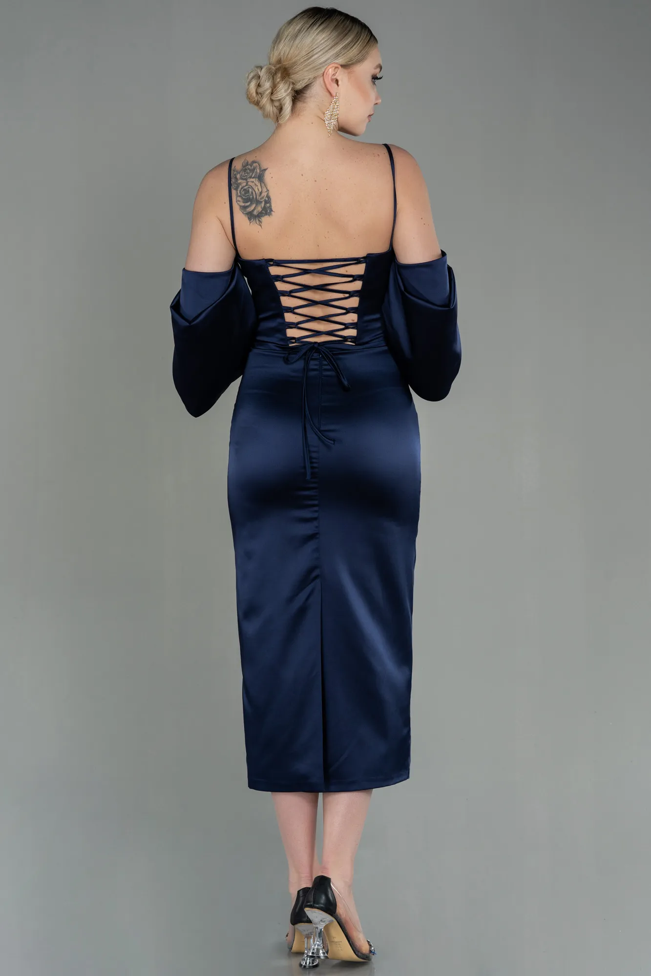 Navy Blue-Midi Satin Invitation Dress ABK1676