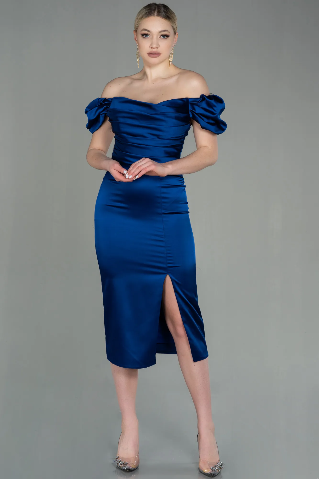 Navy Blue-Midi Satin Night Dress ABK1601
