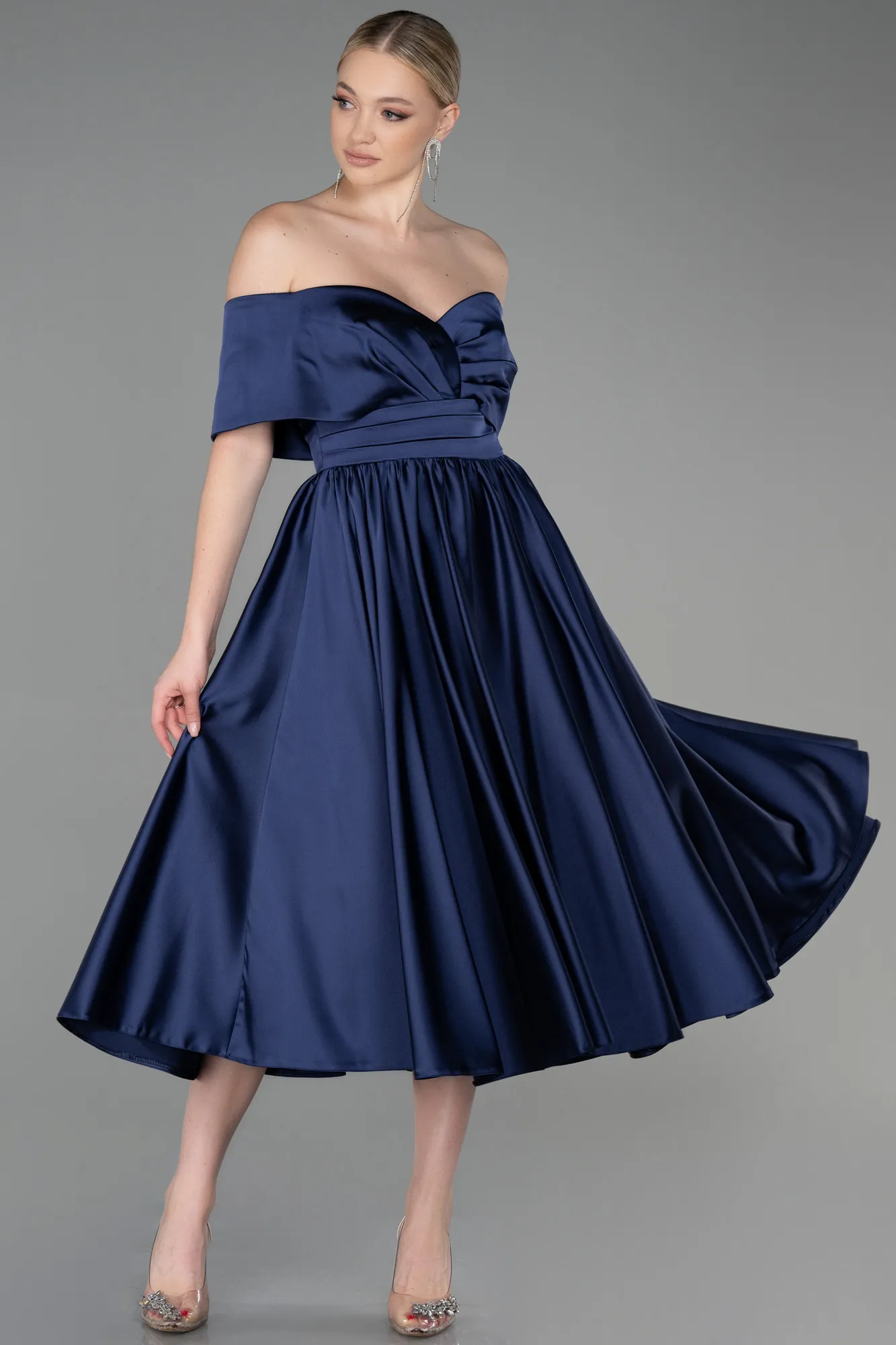 Navy Blue-Midi Satin Night Dress ABK1846