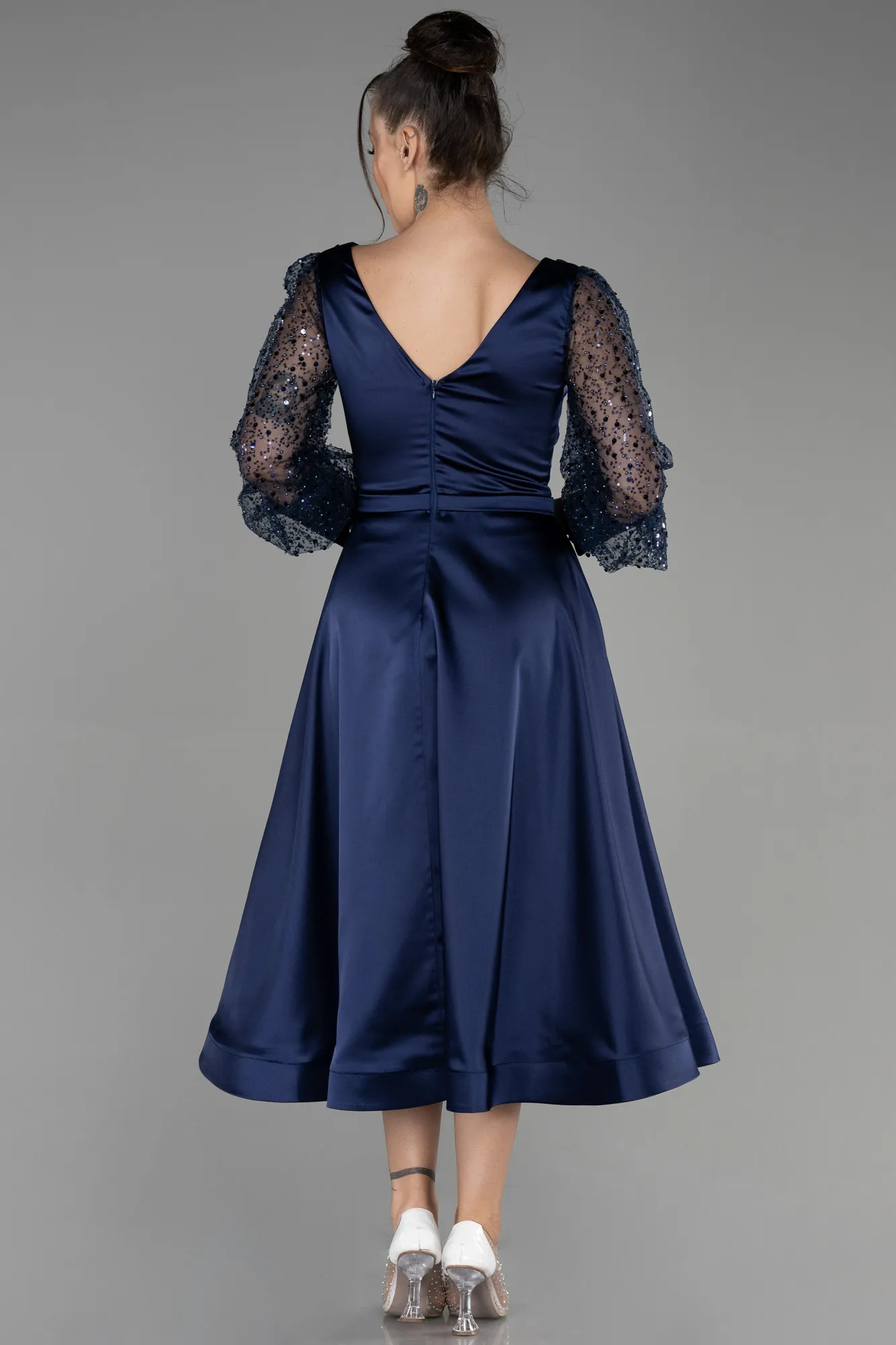 Navy Blue-Midi Satin Night Dress ABK1869