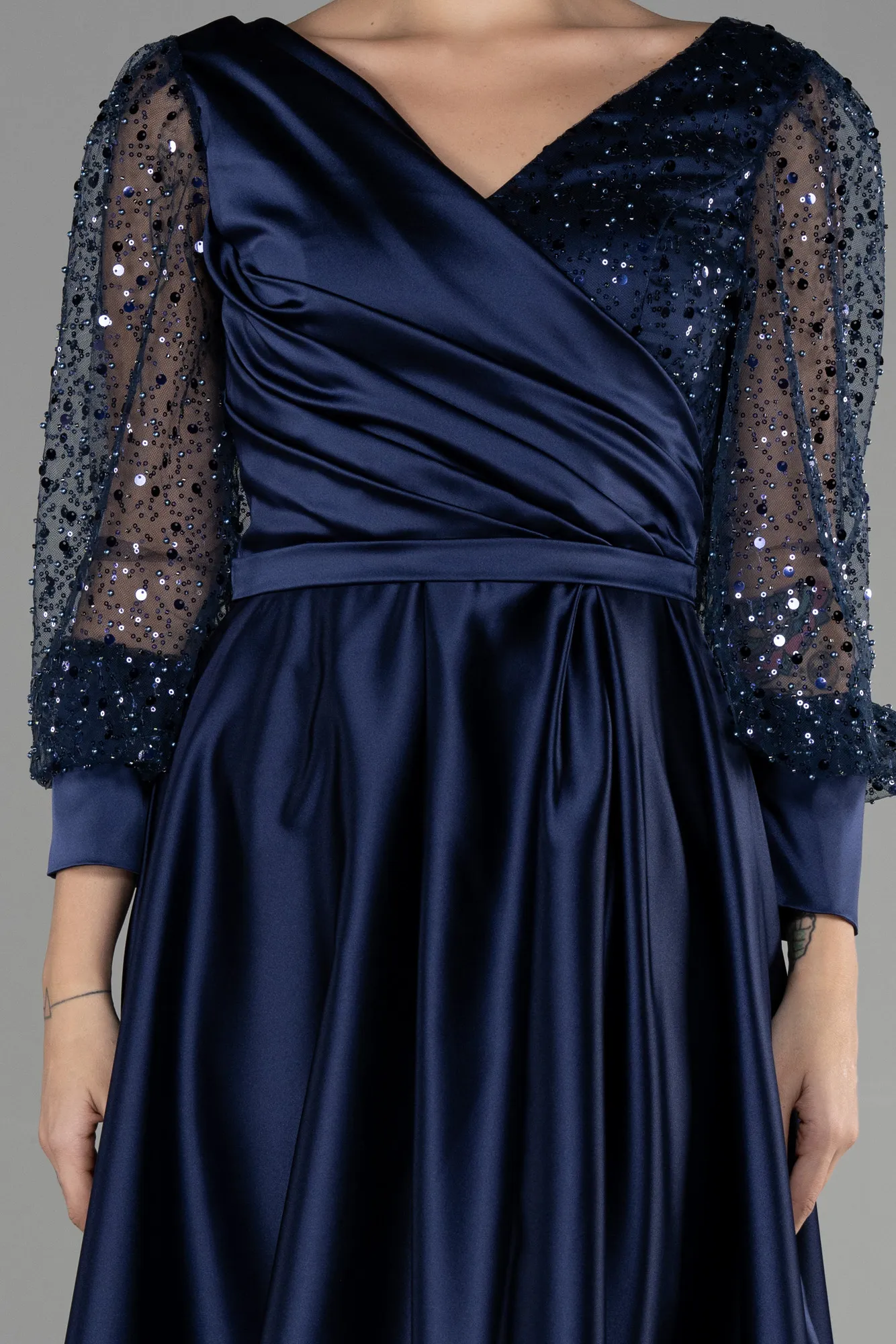 Navy Blue-Midi Satin Night Dress ABK1869