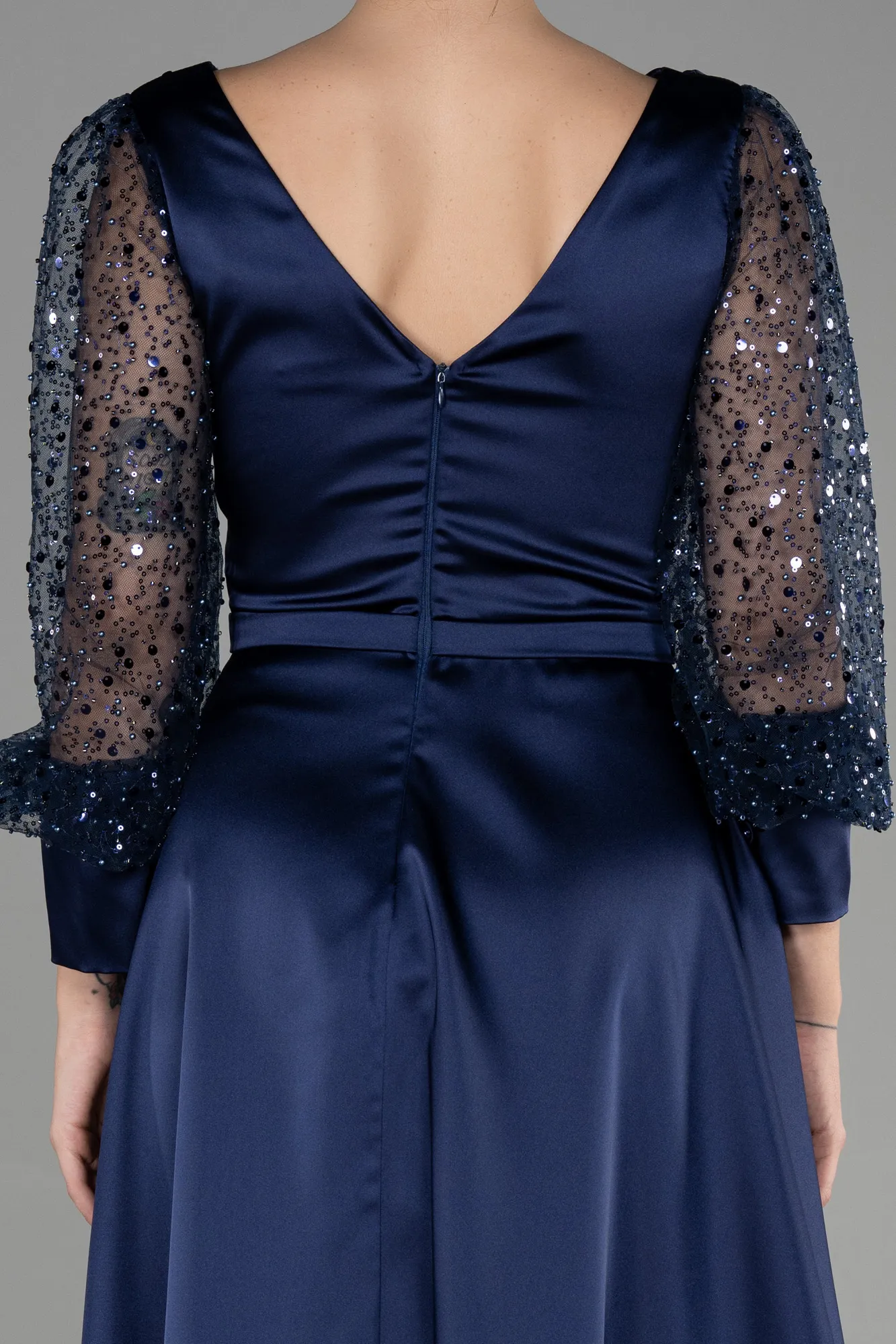 Navy Blue-Midi Satin Night Dress ABK1869