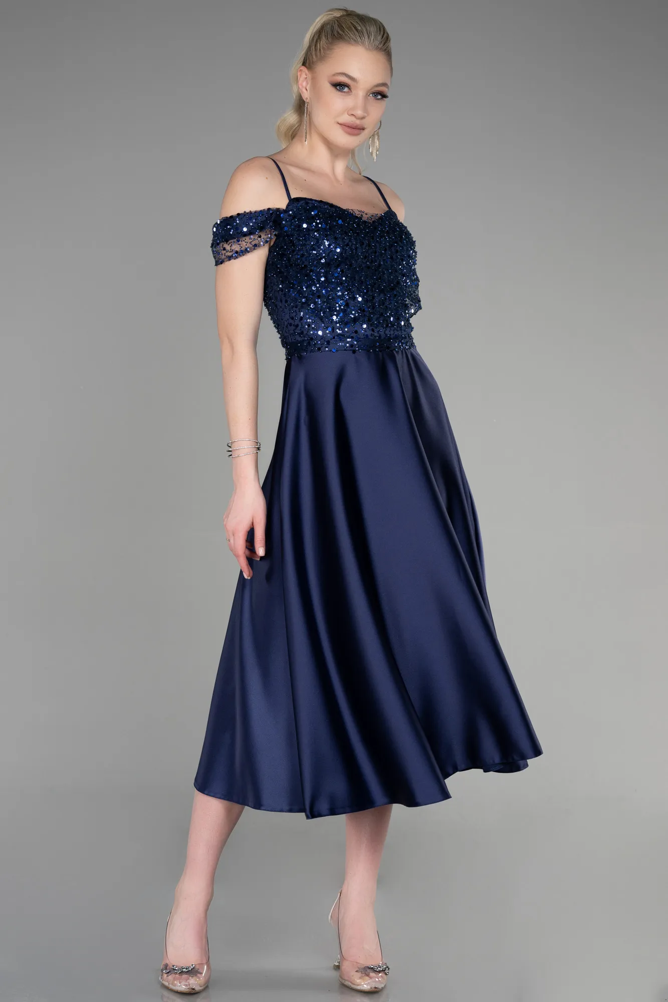 Navy Blue-Midi Satin Party Dress ABU3624