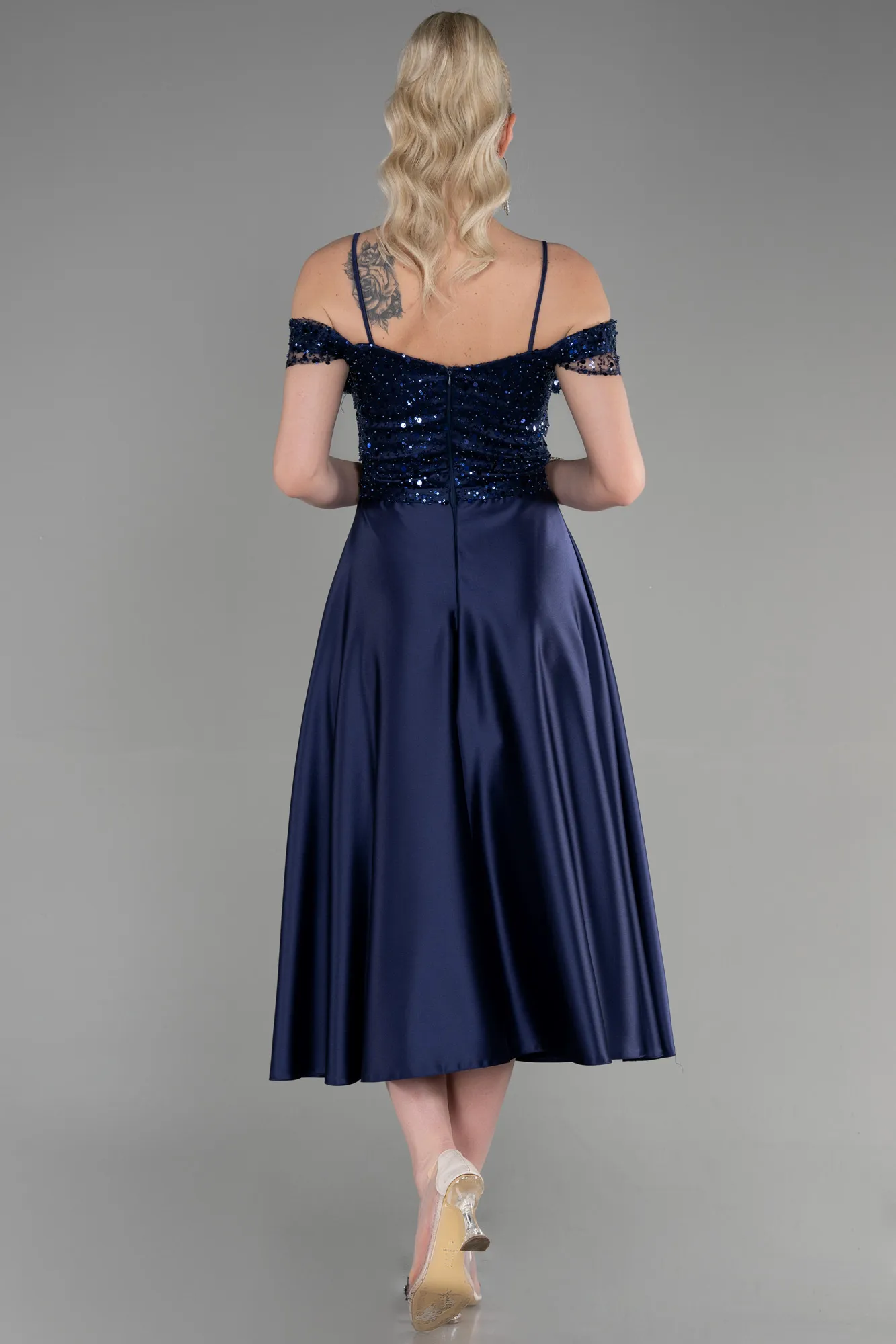 Navy Blue-Midi Satin Party Dress ABU3624