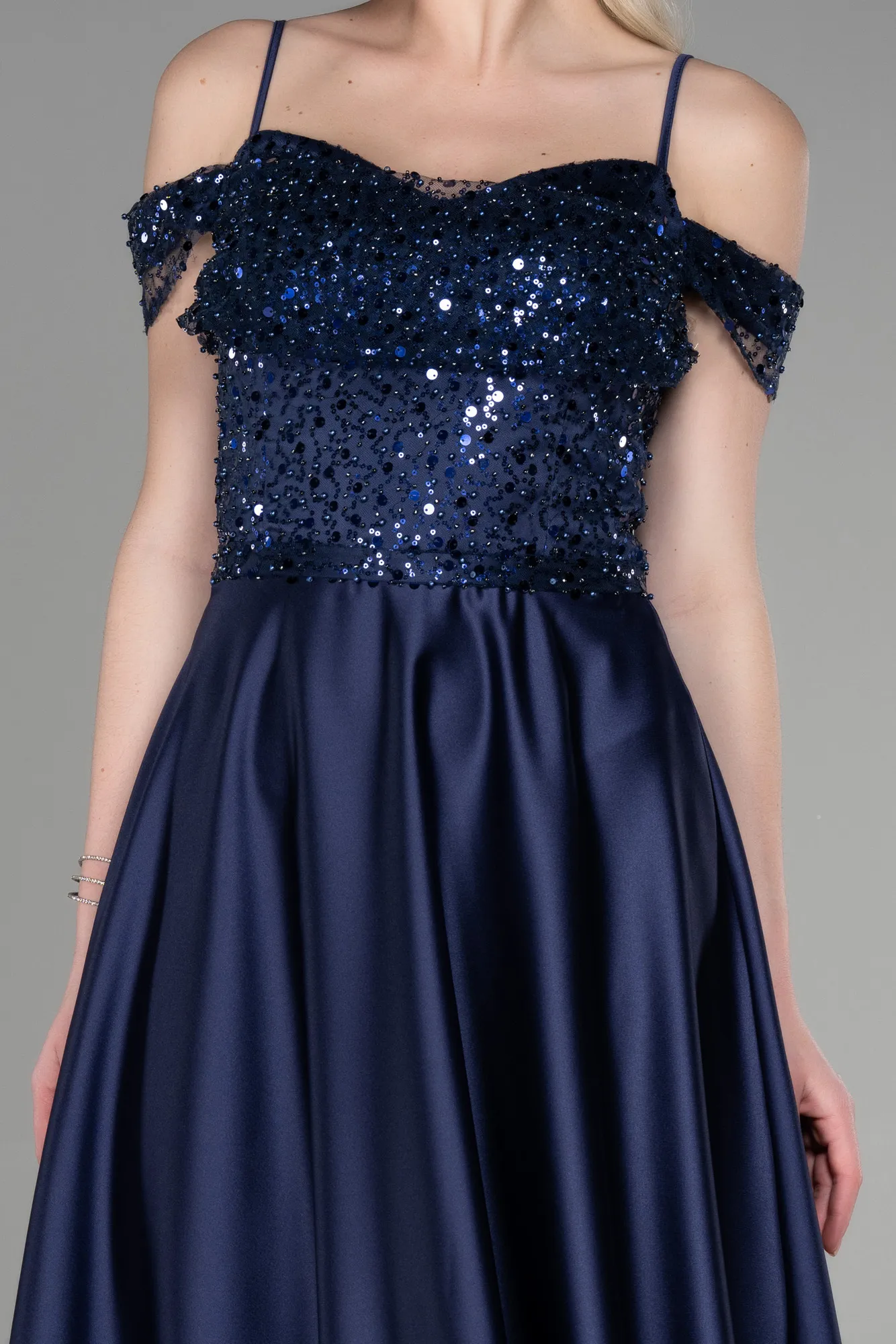 Navy Blue-Midi Satin Party Dress ABU3624