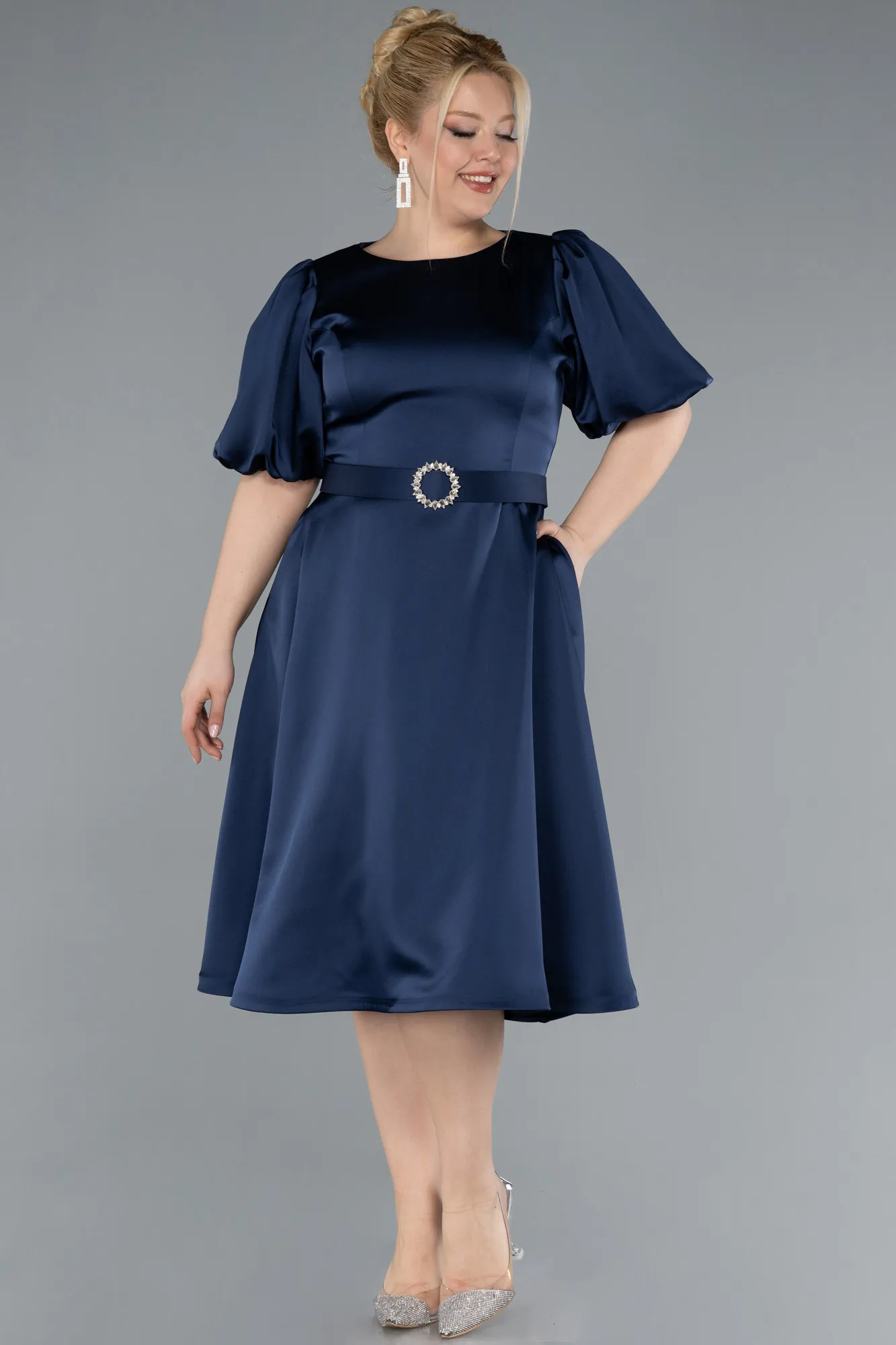 Navy Blue-Midi Satin Plus Size Cocktail Dress ABK2055